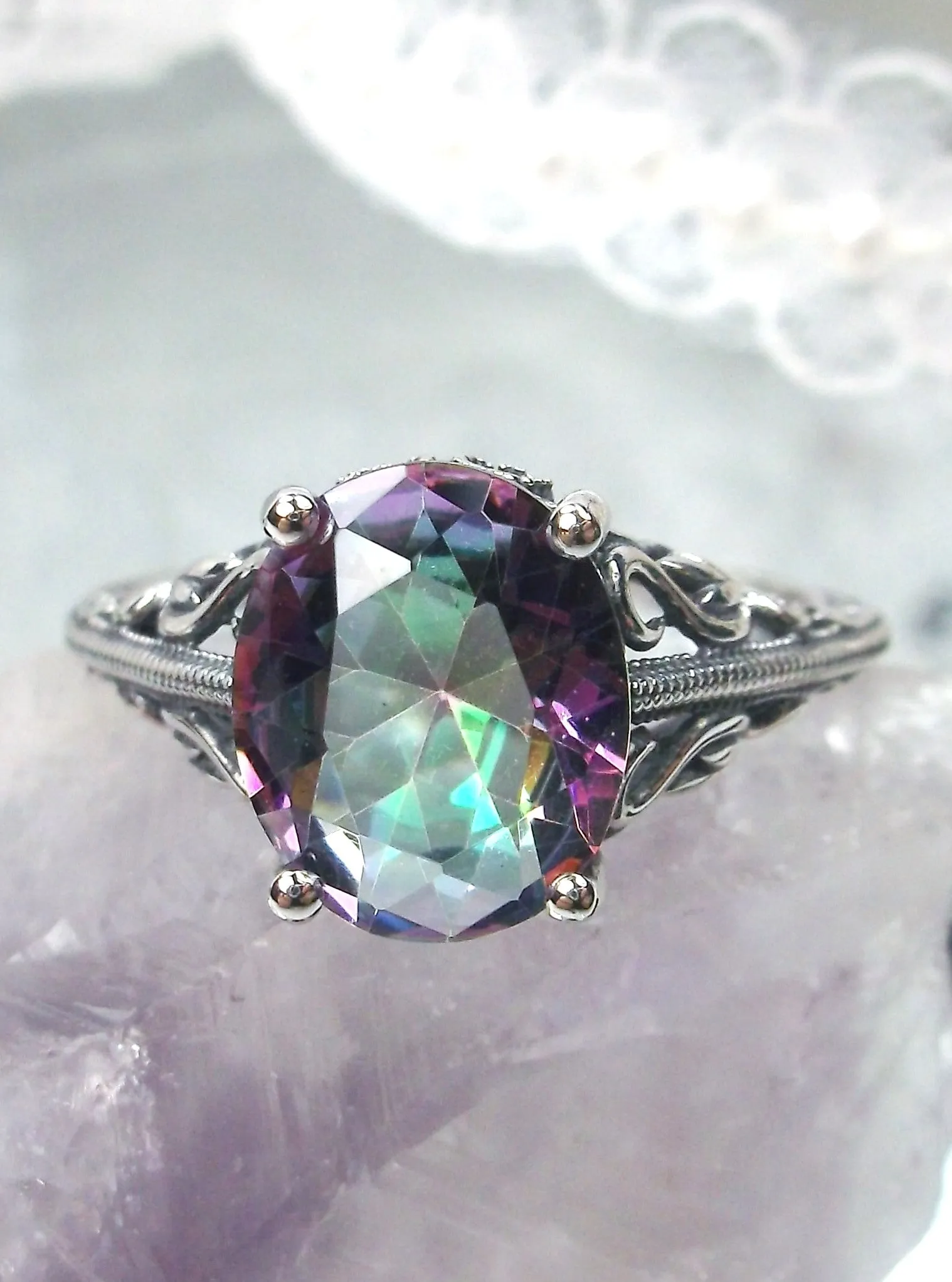 Mystic Topaz Ring, Swan Filigree, Art Deco Jewelry #D190
