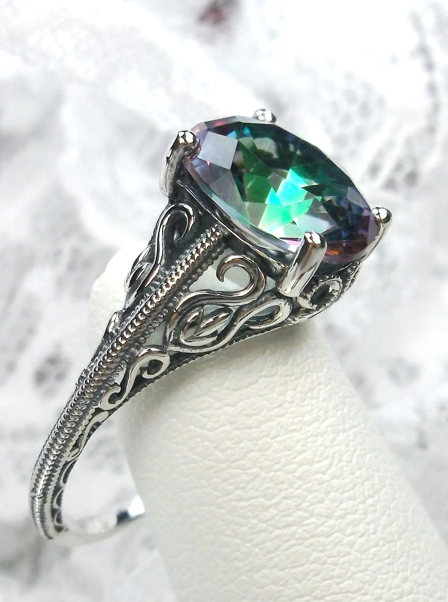 Mystic Topaz Ring, Swan Filigree, Art Deco Jewelry #D190