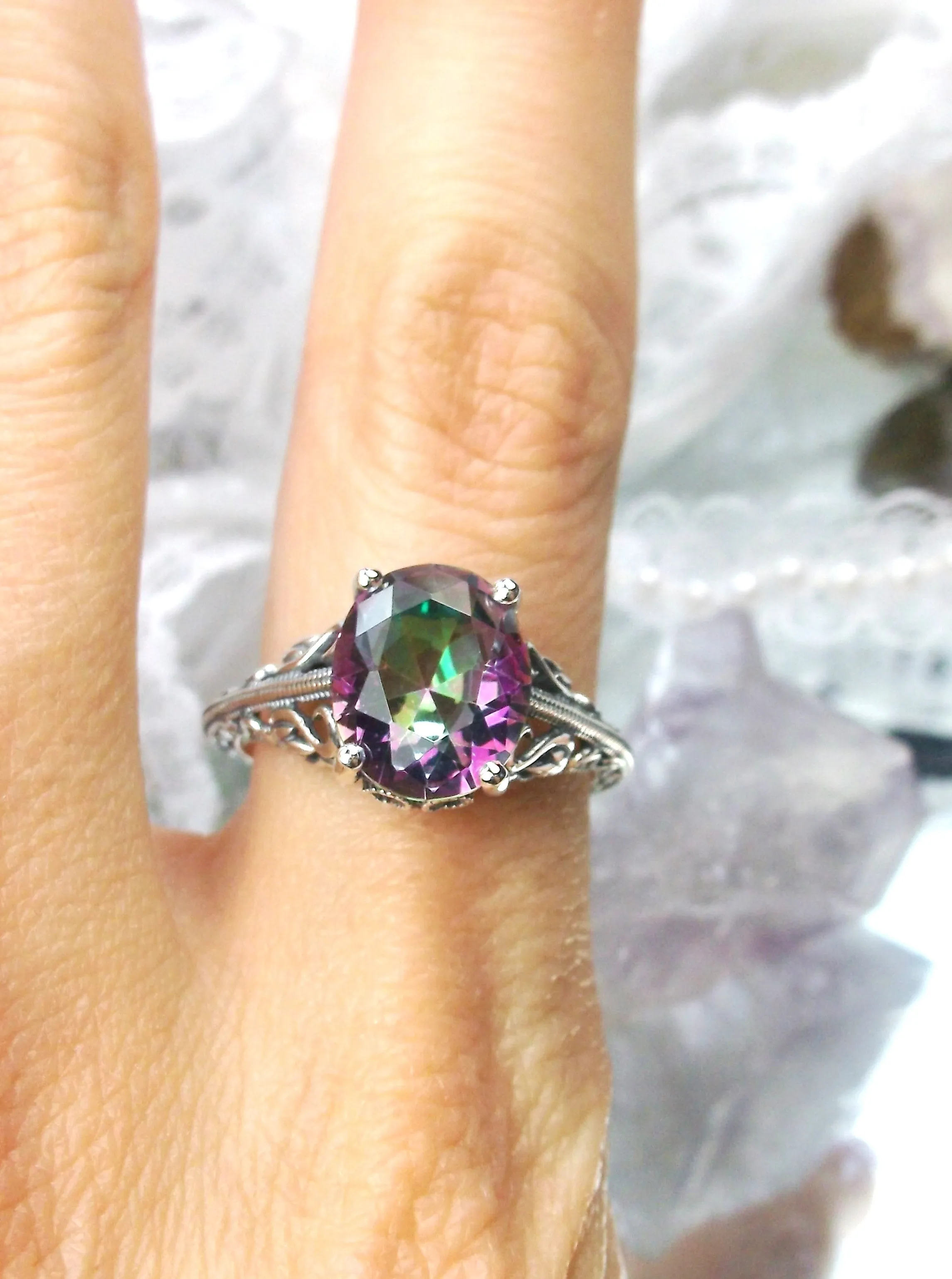 Mystic Topaz Ring, Swan Filigree, Art Deco Jewelry #D190