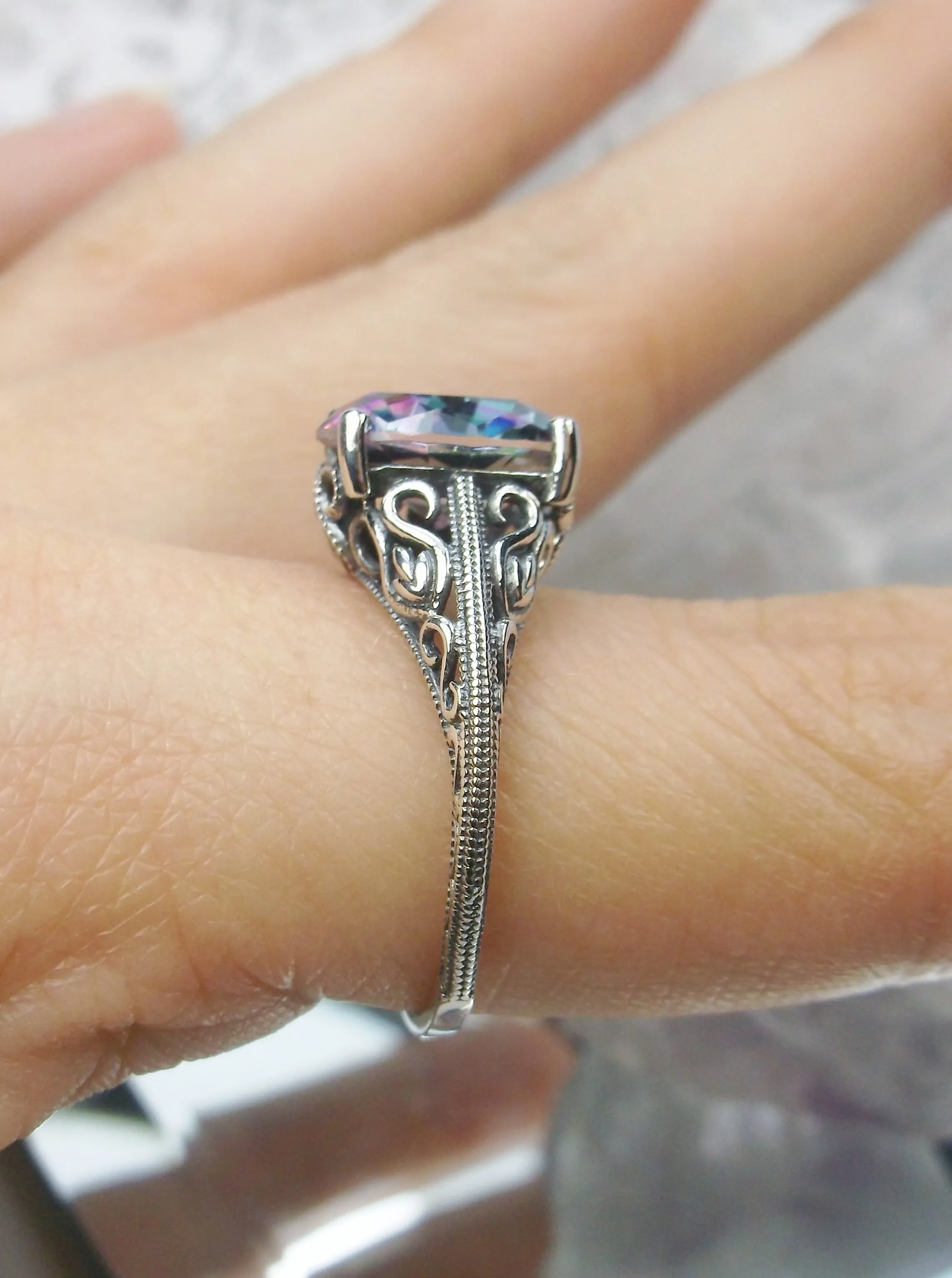 Mystic Topaz Ring, Swan Filigree, Art Deco Jewelry #D190