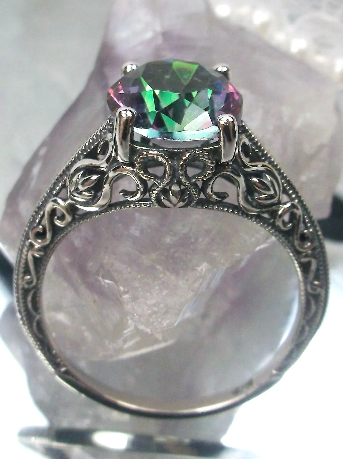 Mystic Topaz Ring, Swan Filigree, Art Deco Jewelry #D190