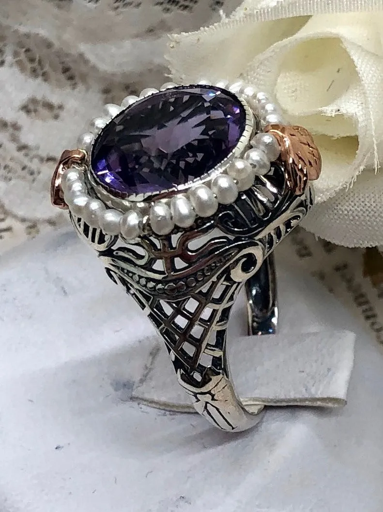 Natural Amethyst & Seed Pearl Ring, Victorian Filigree Jewelry #D238