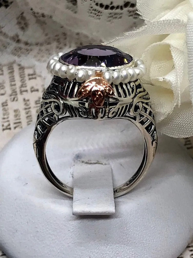 Natural Amethyst & Seed Pearl Ring, Victorian Filigree Jewelry #D238