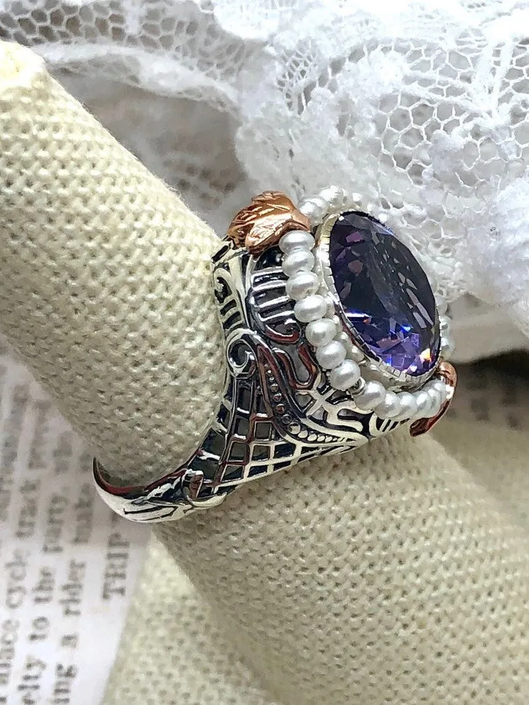 Natural Amethyst & Seed Pearl Ring, Victorian Filigree Jewelry #D238