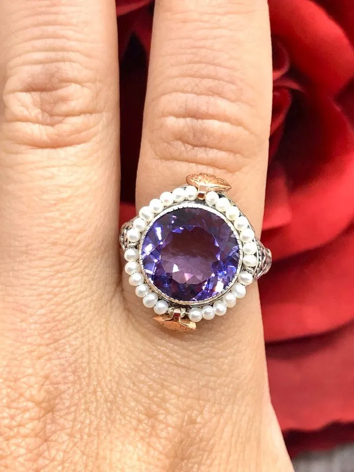 Natural Amethyst & Seed Pearl Ring, Victorian Filigree Jewelry #D238