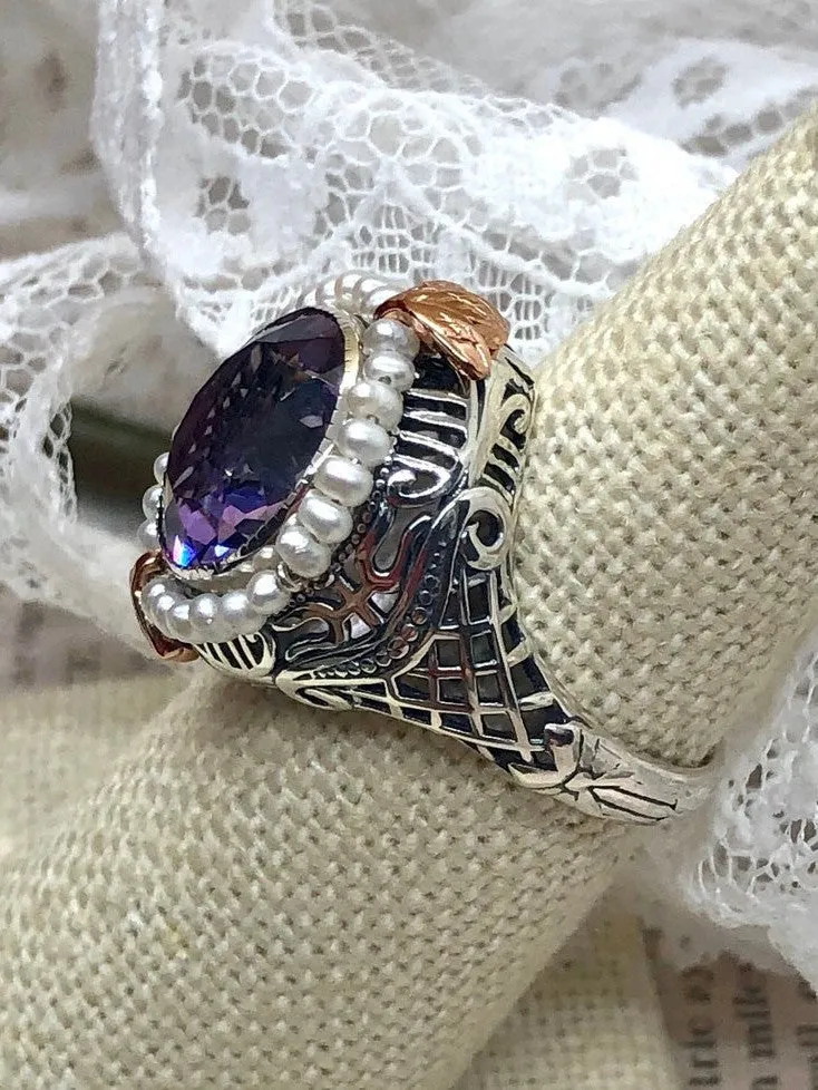 Natural Amethyst & Seed Pearl Ring, Victorian Filigree Jewelry #D238