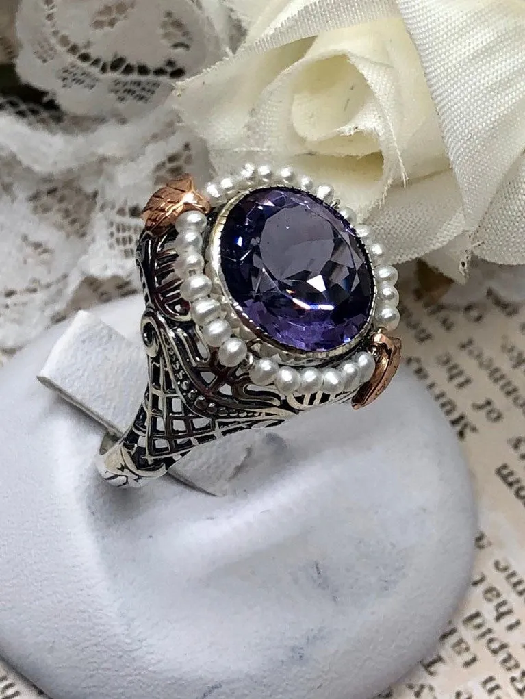 Natural Amethyst & Seed Pearl Ring, Victorian Filigree Jewelry #D238