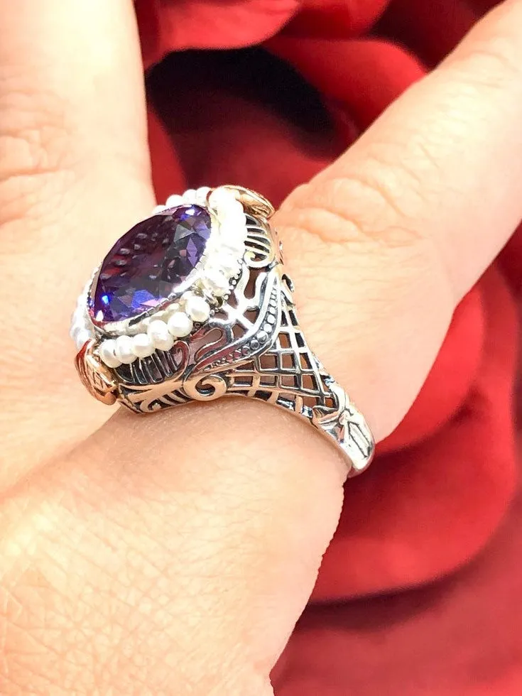 Natural Amethyst & Seed Pearl Ring, Victorian Filigree Jewelry #D238