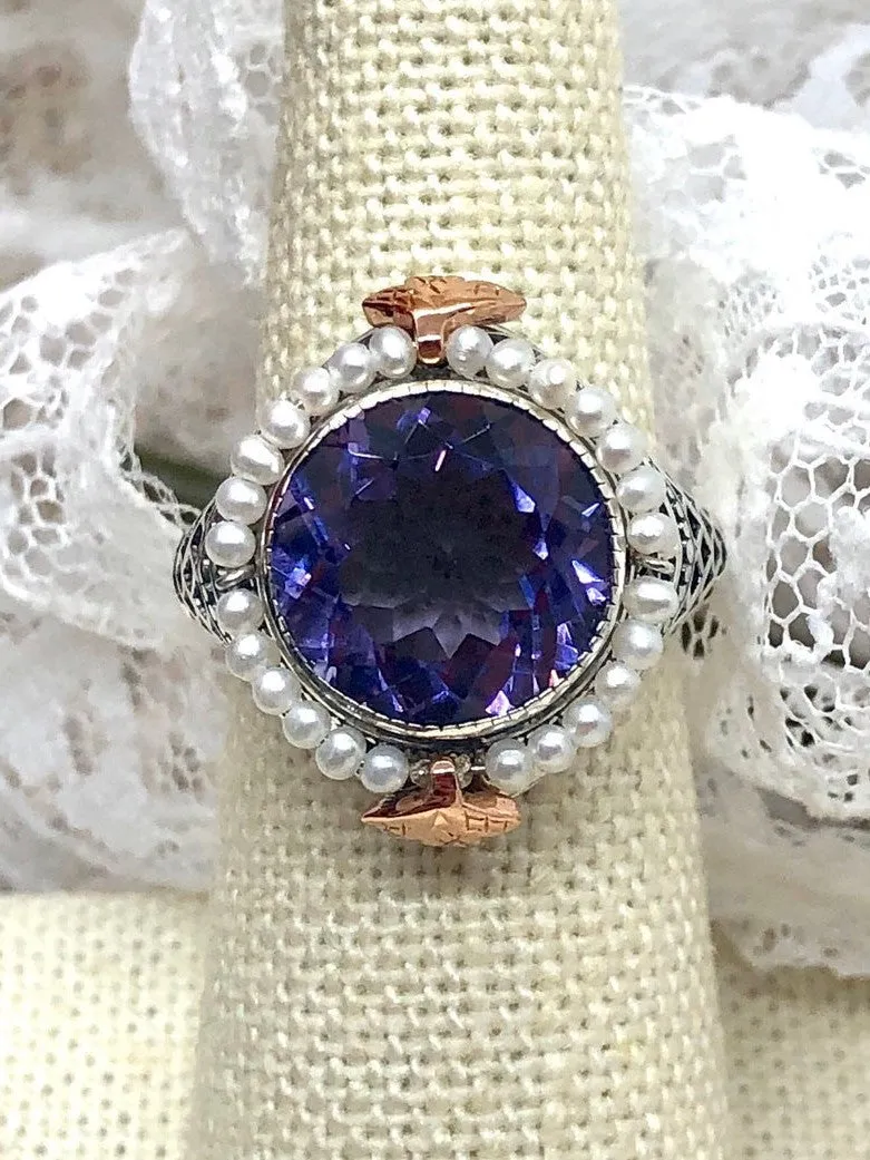 Natural Amethyst & Seed Pearl Ring, Victorian Filigree Jewelry #D238