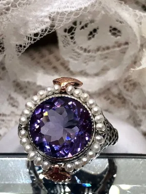 Natural Amethyst & Seed Pearl Ring, Victorian Filigree Jewelry #D238