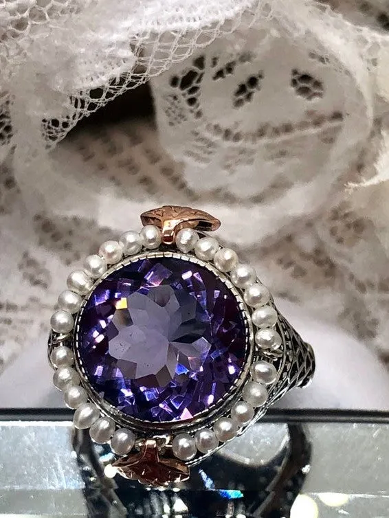 Natural Amethyst & Seed Pearl Ring, Victorian Filigree Jewelry #D238