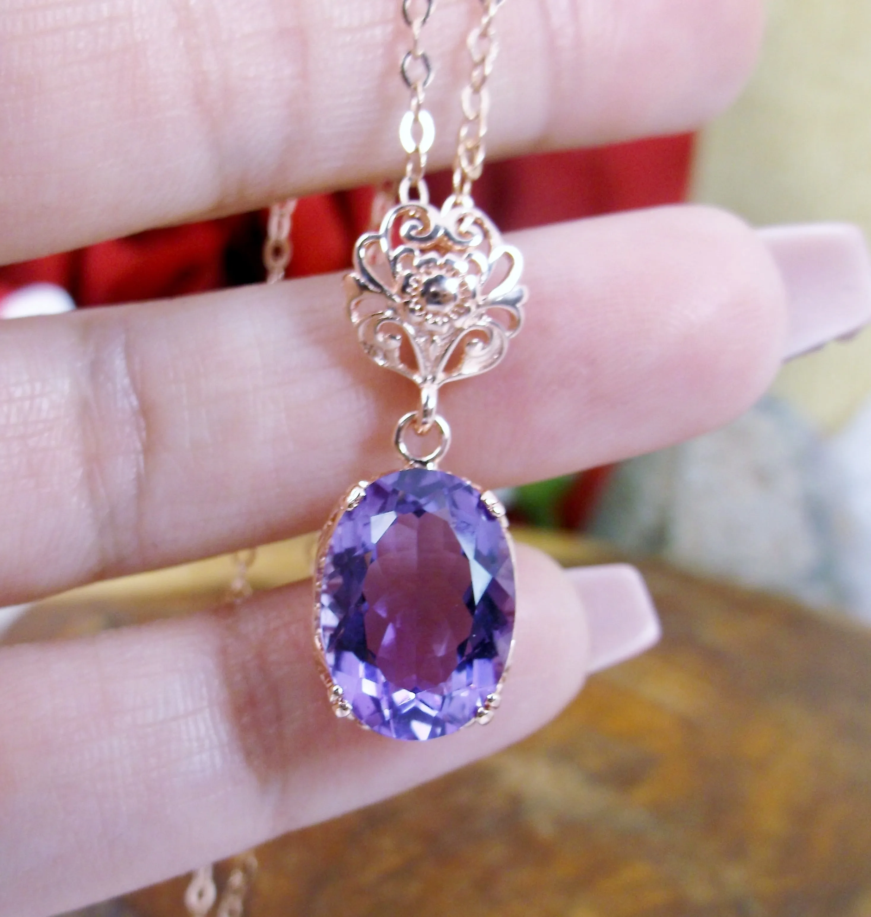 Natural Amethyst Pendant Rose Gold & Sterling Silver Edwardian #P70