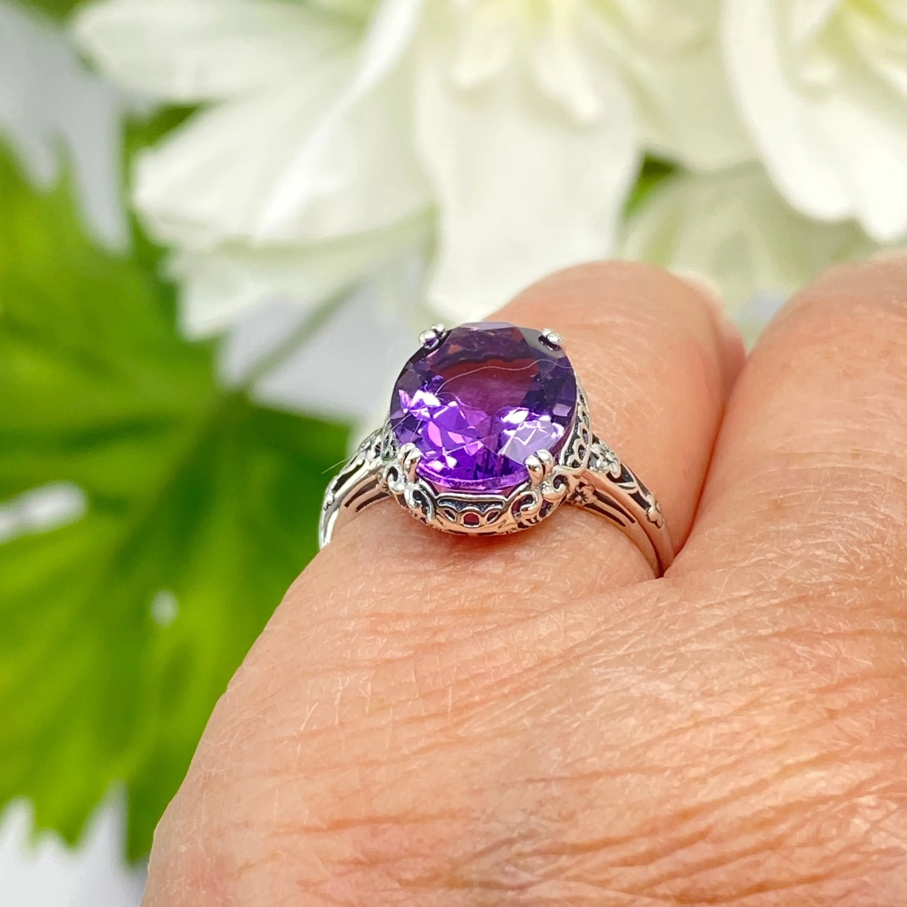 Natural Amethyst Ring, Edwardian Antique Reproduction Jewelry #D70z
