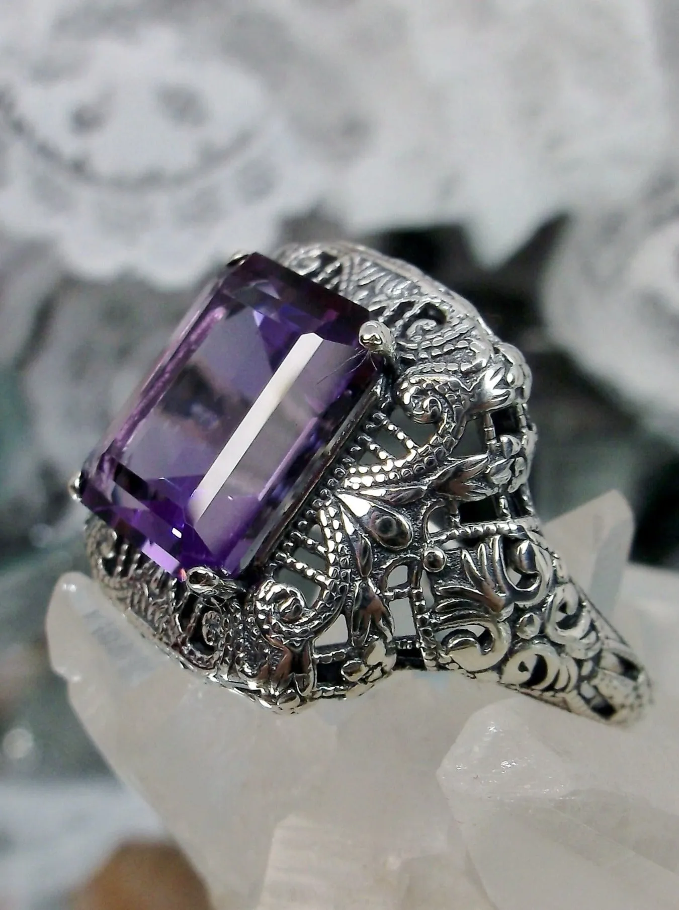 Natural Amethyst Ring, Intricate Victorian Jewelry #D149