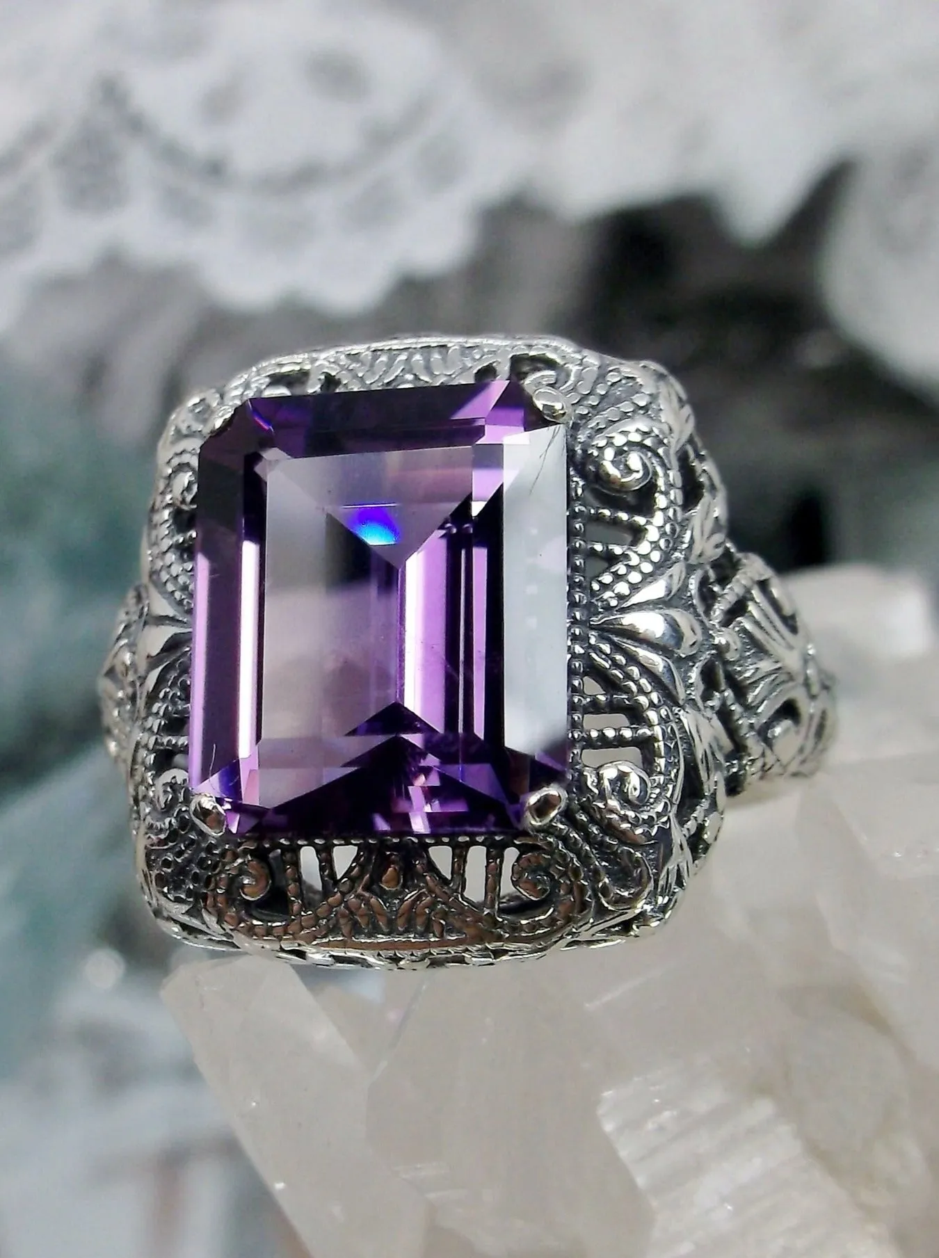 Natural Amethyst Ring, Intricate Victorian Jewelry #D149