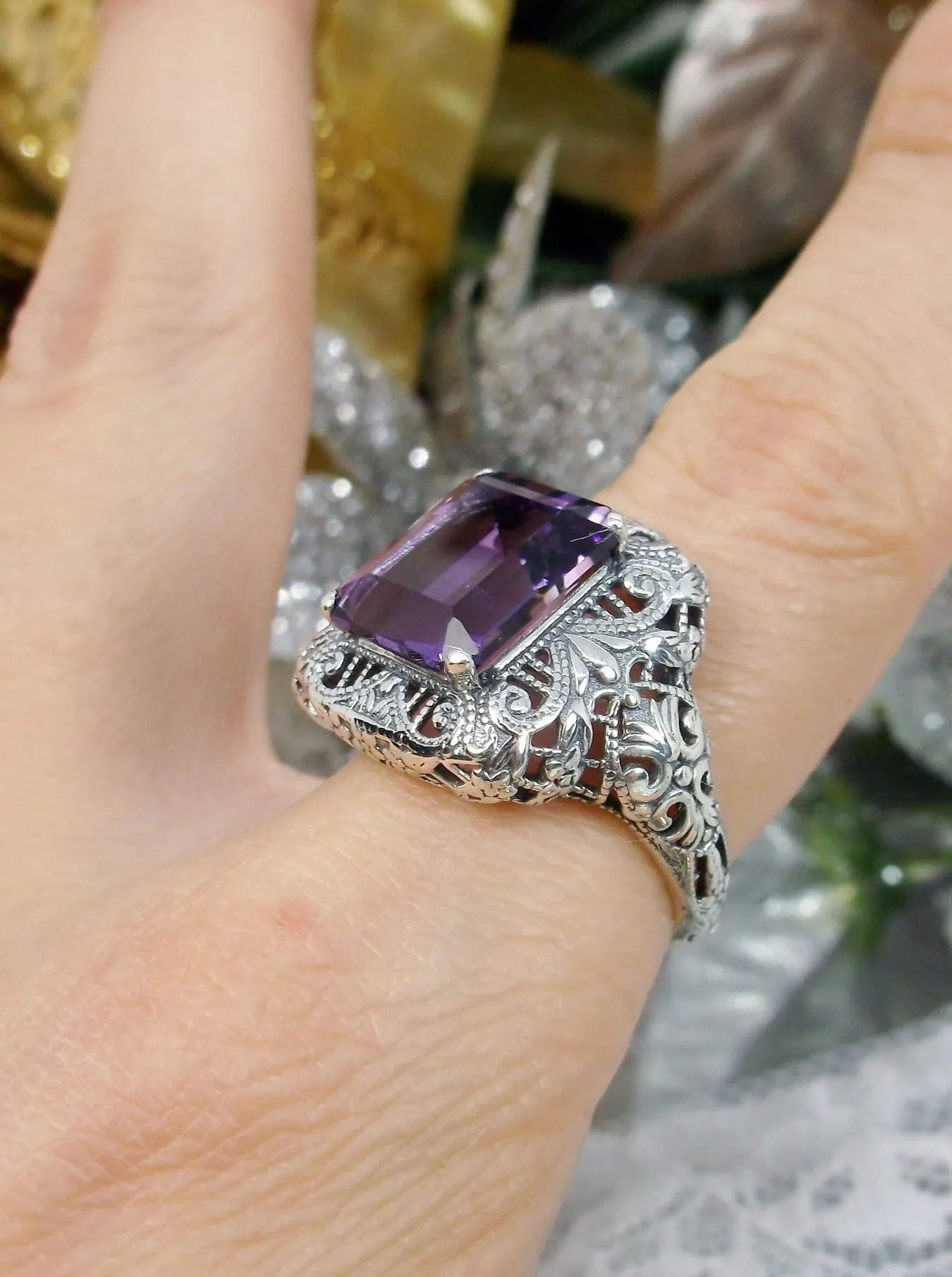Natural Amethyst Ring, Intricate Victorian Jewelry #D149