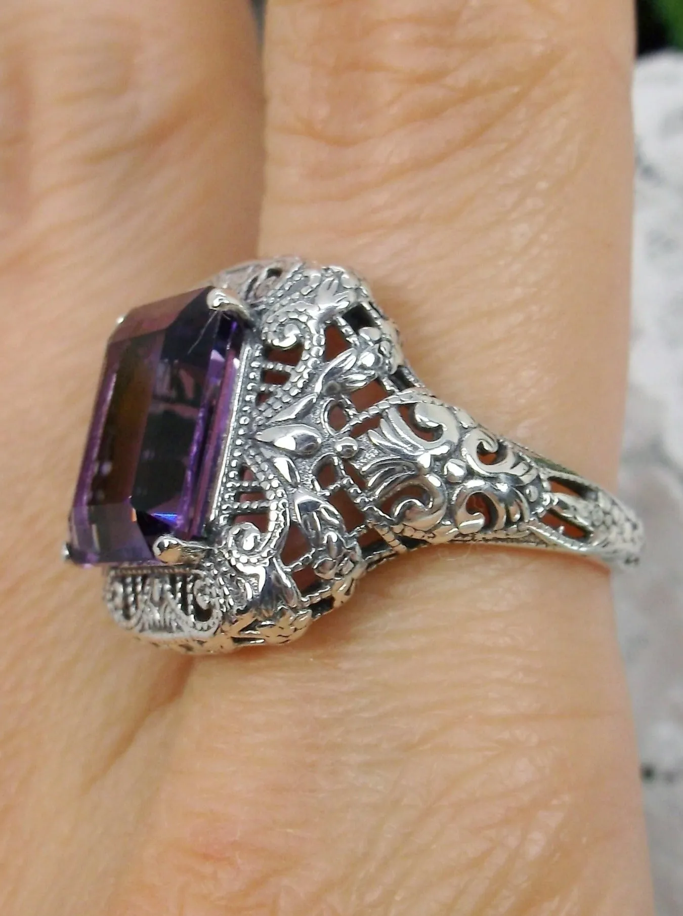 Natural Amethyst Ring, Intricate Victorian Jewelry #D149