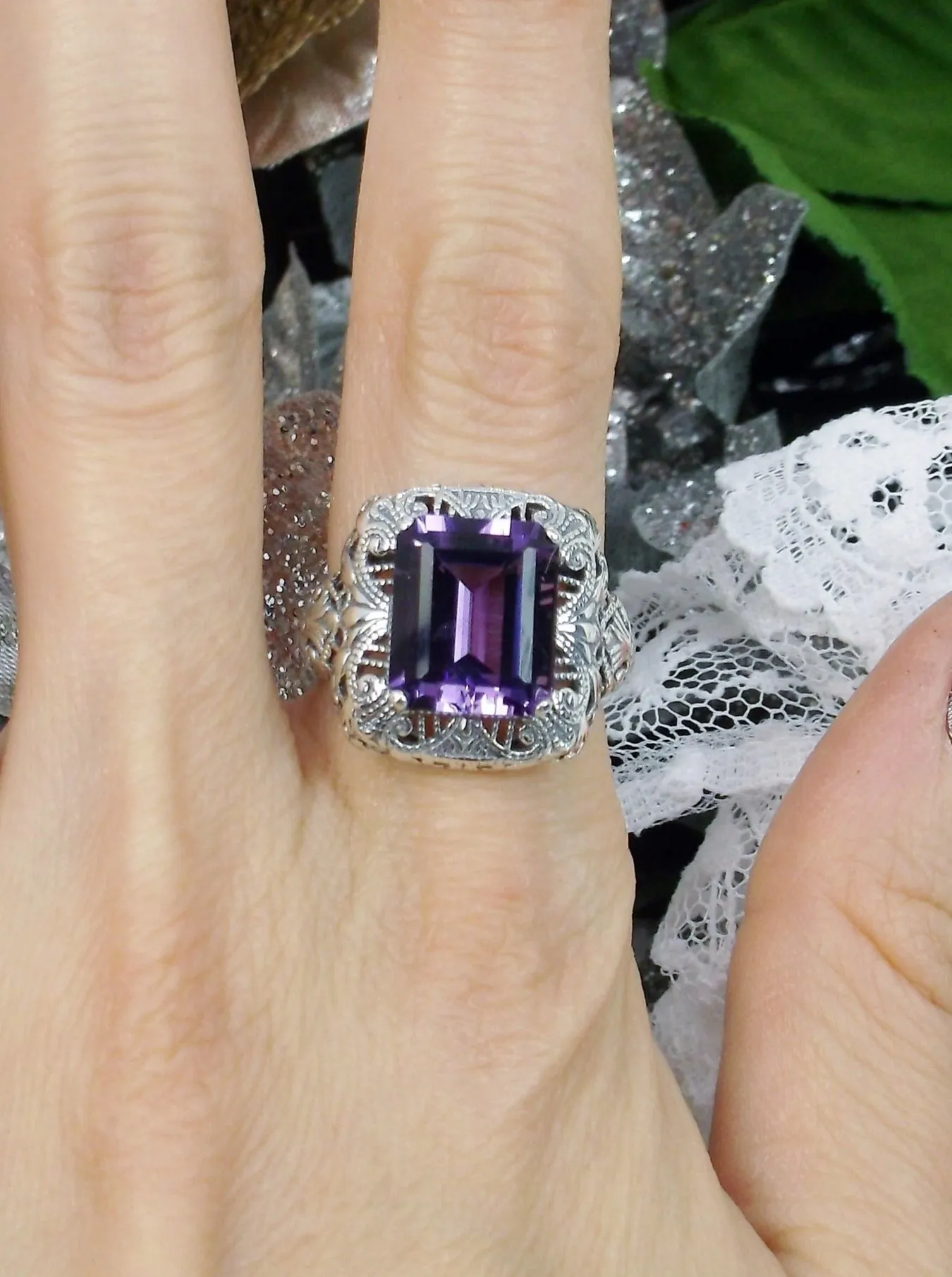 Natural Amethyst Ring, Intricate Victorian Jewelry #D149