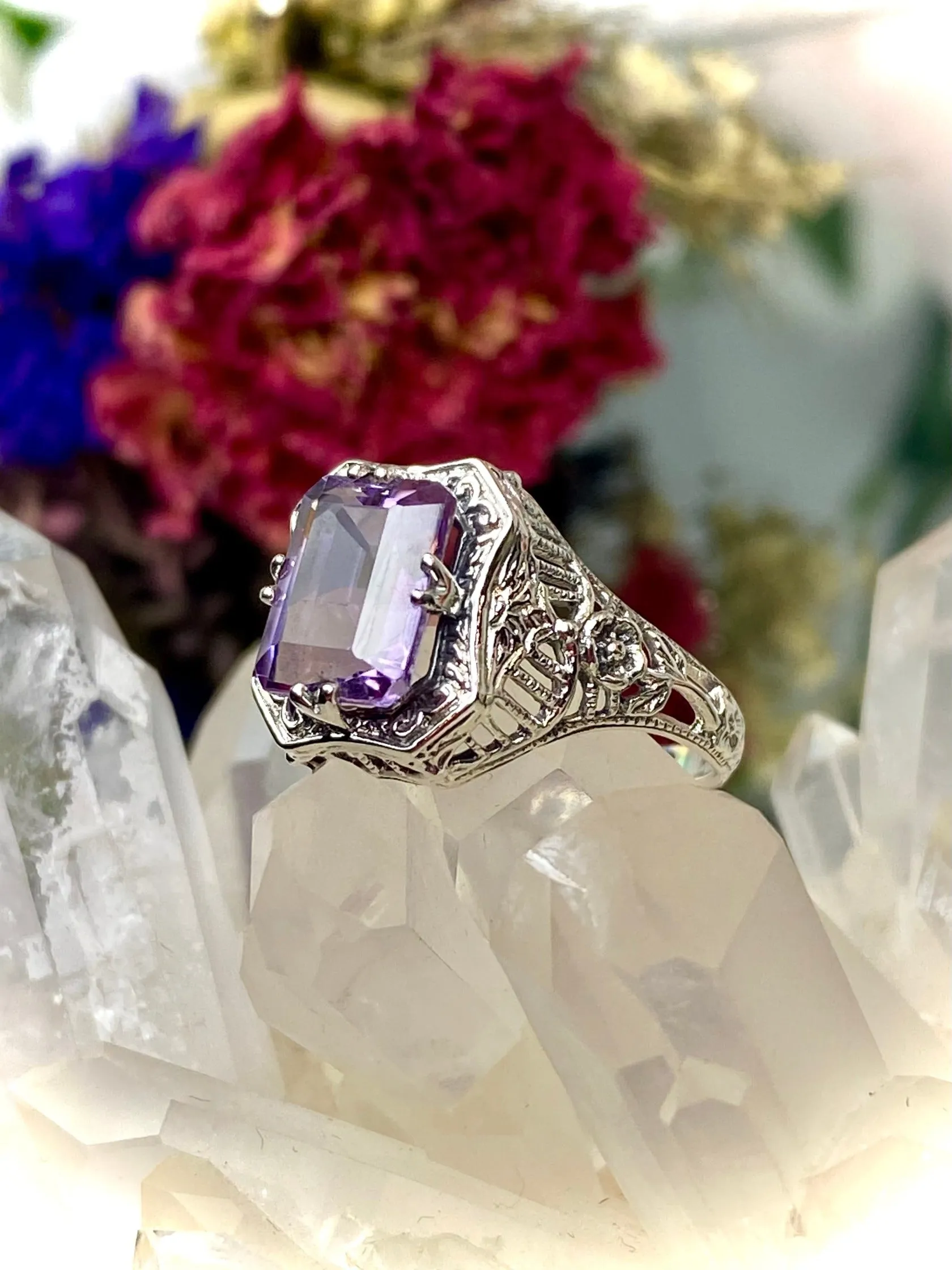 Natural Amethyst Ring, Lovely Rectangle Edwardian Jewelry #D148