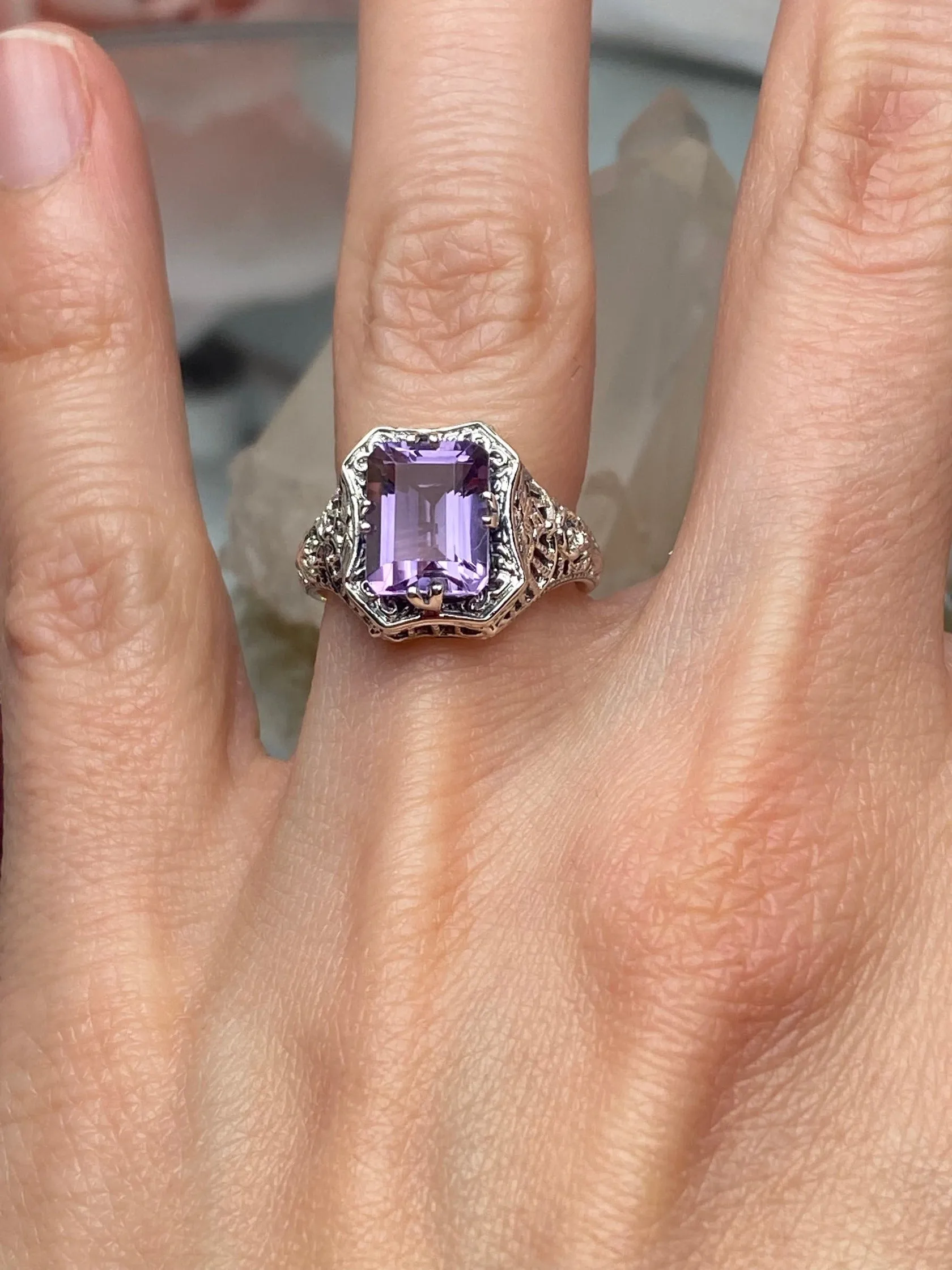 Natural Amethyst Ring, Lovely Rectangle Edwardian Jewelry #D148