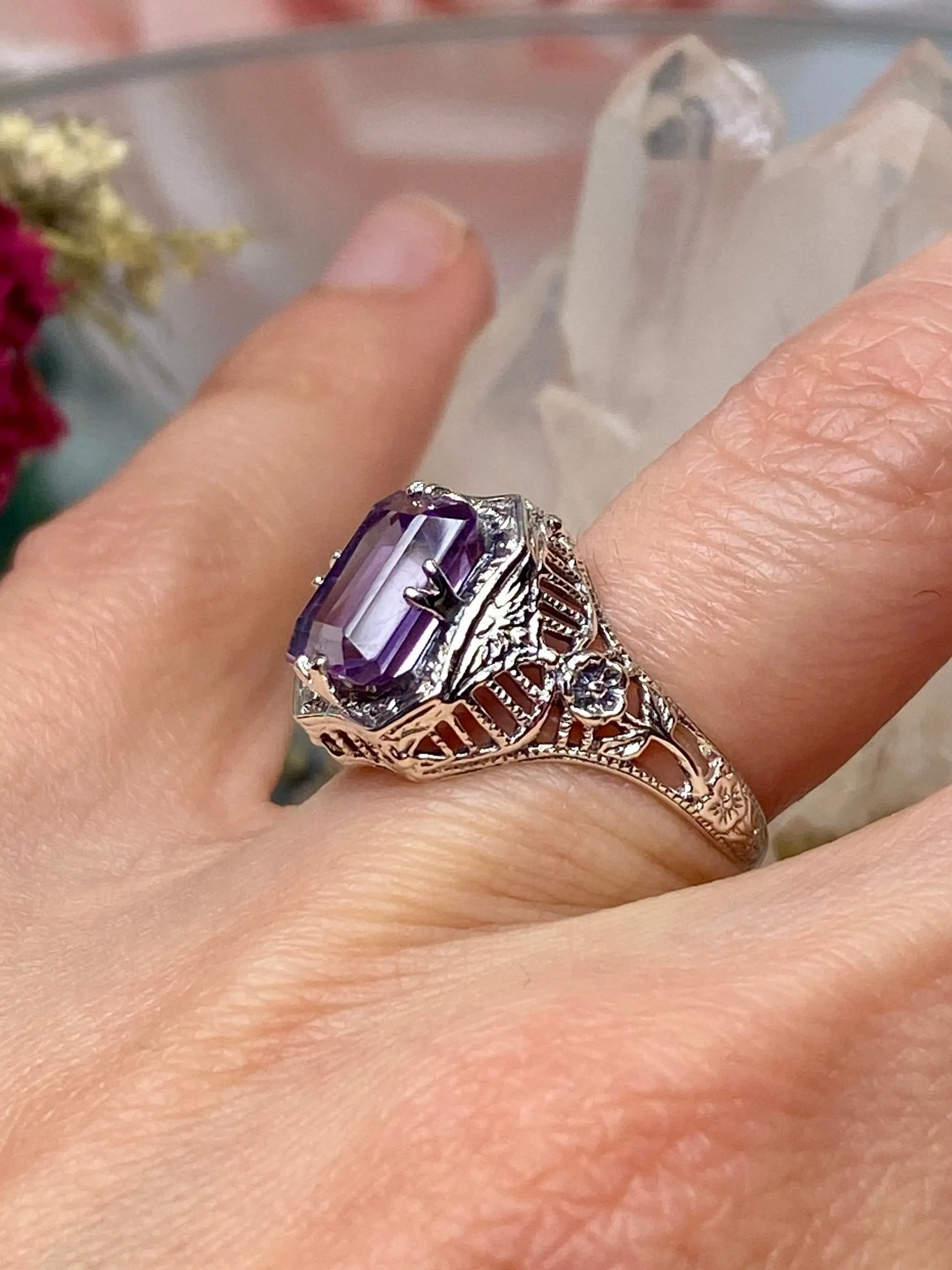 Natural Amethyst Ring, Lovely Rectangle Edwardian Jewelry #D148