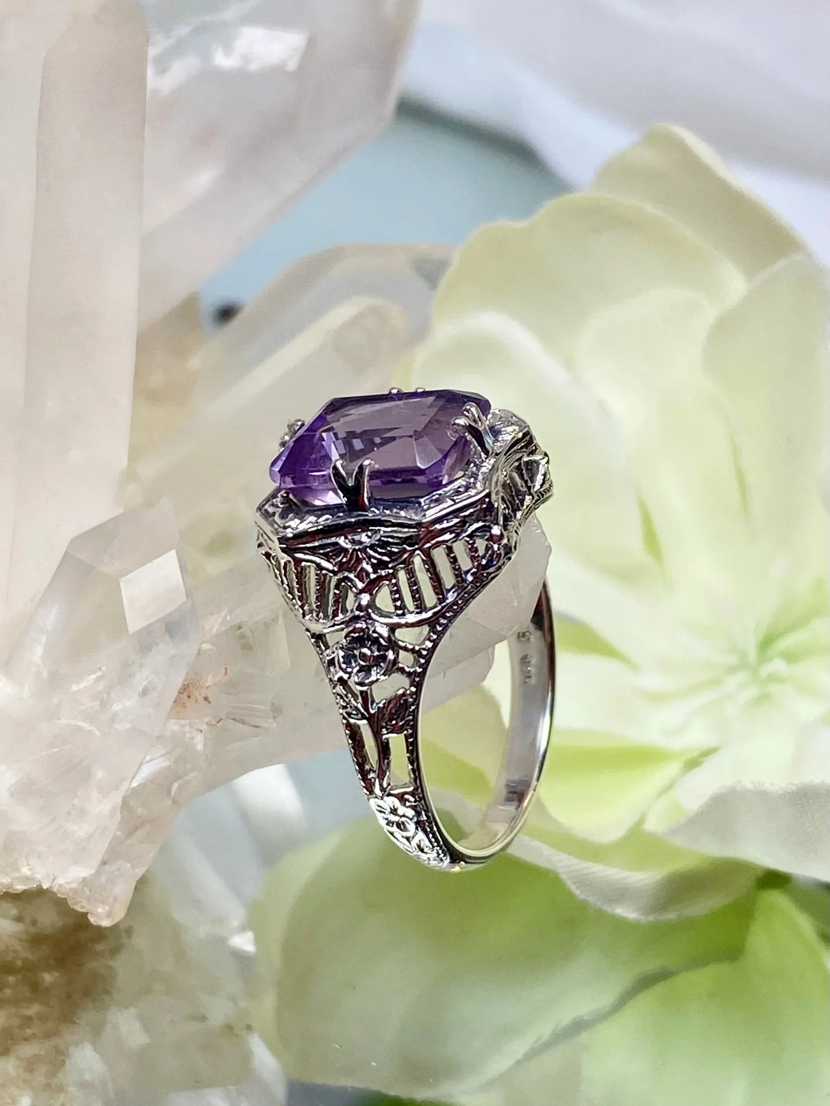 Natural Amethyst Ring, Lovely Rectangle Edwardian Jewelry #D148