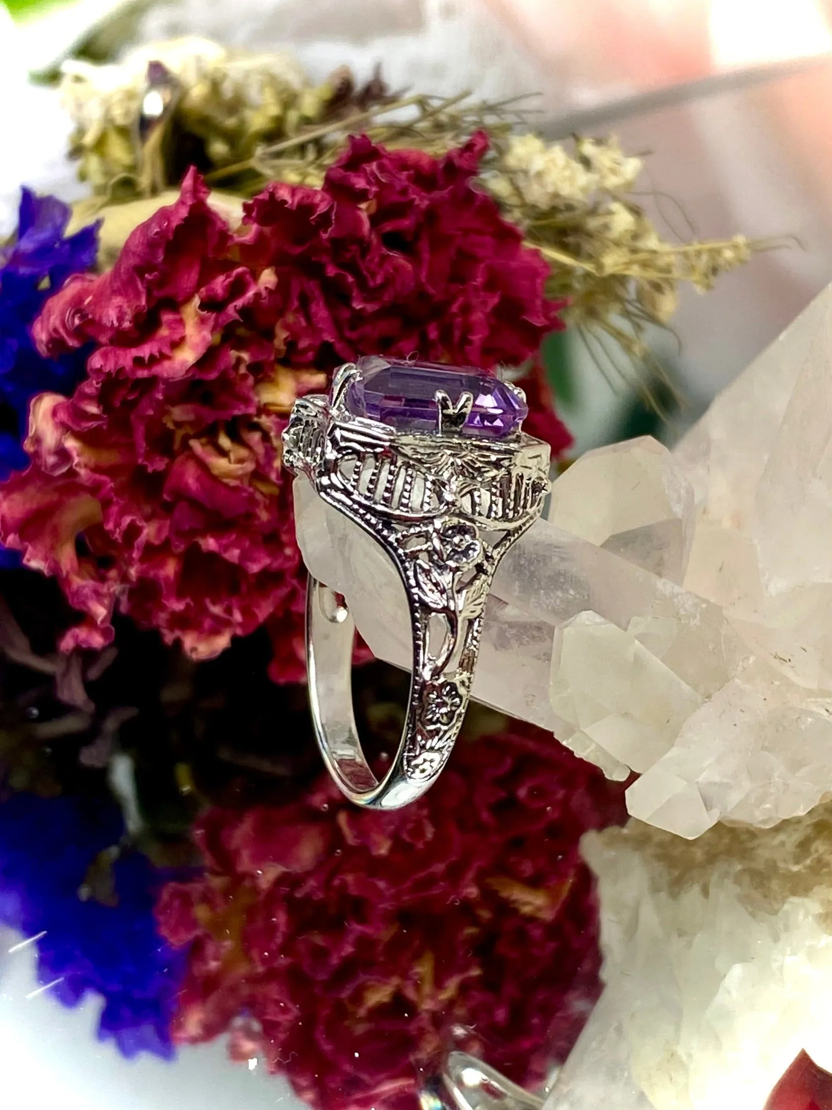 Natural Amethyst Ring, Lovely Rectangle Edwardian Jewelry #D148
