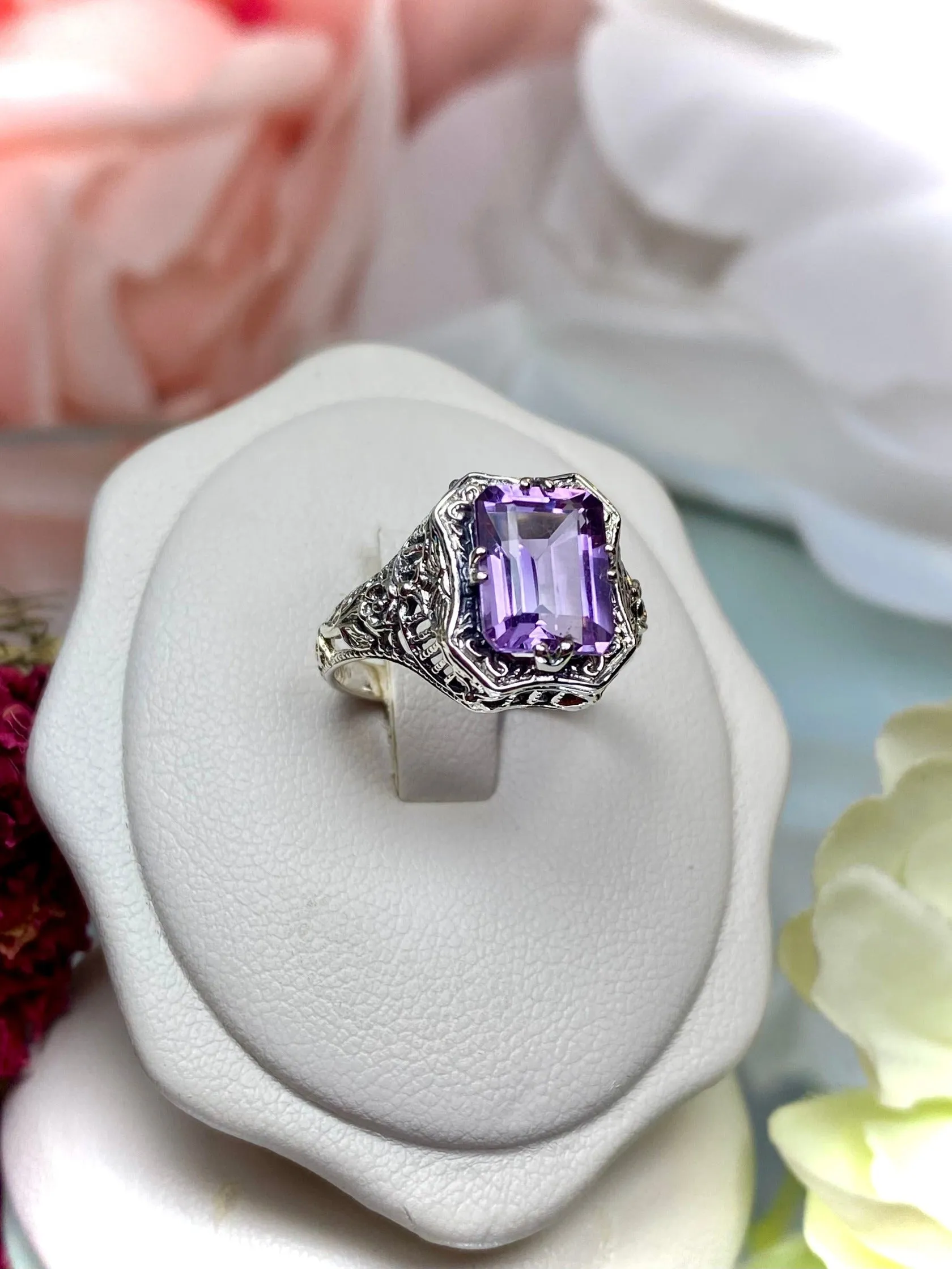Natural Amethyst Ring, Lovely Rectangle Edwardian Jewelry #D148