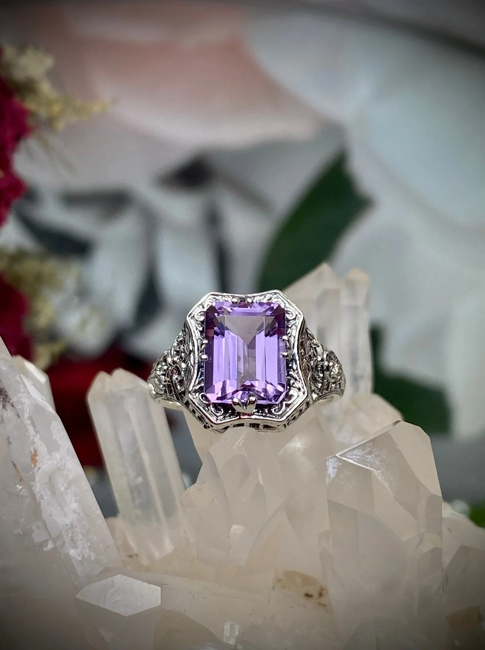 Natural Amethyst Ring, Lovely Rectangle Edwardian Jewelry #D148