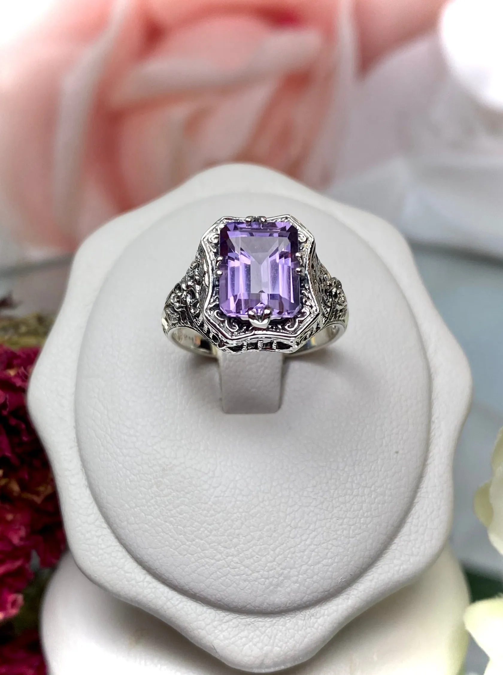 Natural Amethyst Ring, Lovely Rectangle Edwardian Jewelry #D148
