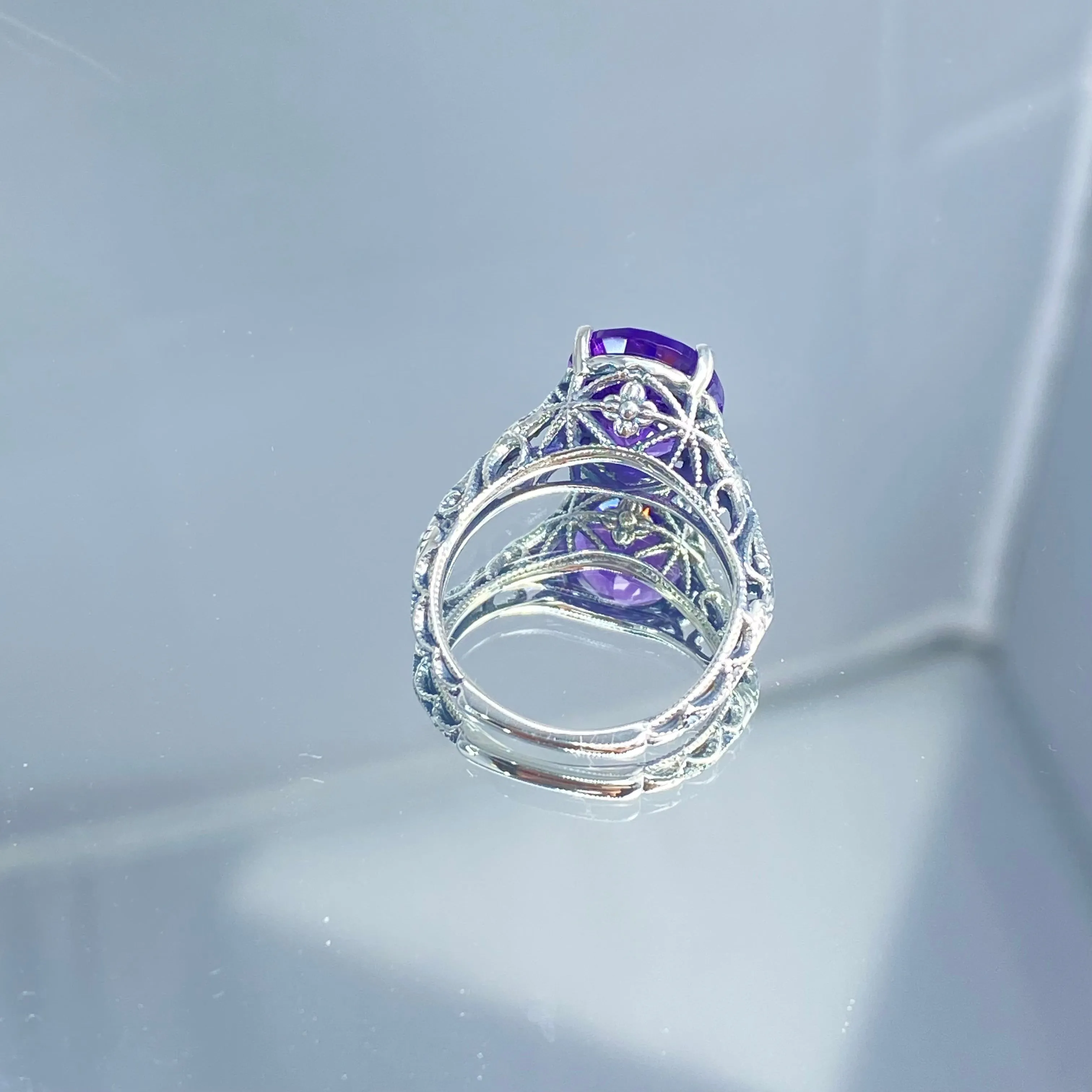 Natural Amethyst Ring, Medieval Floral Filigree, Oval Gem, Vintage Jewelry, D173
