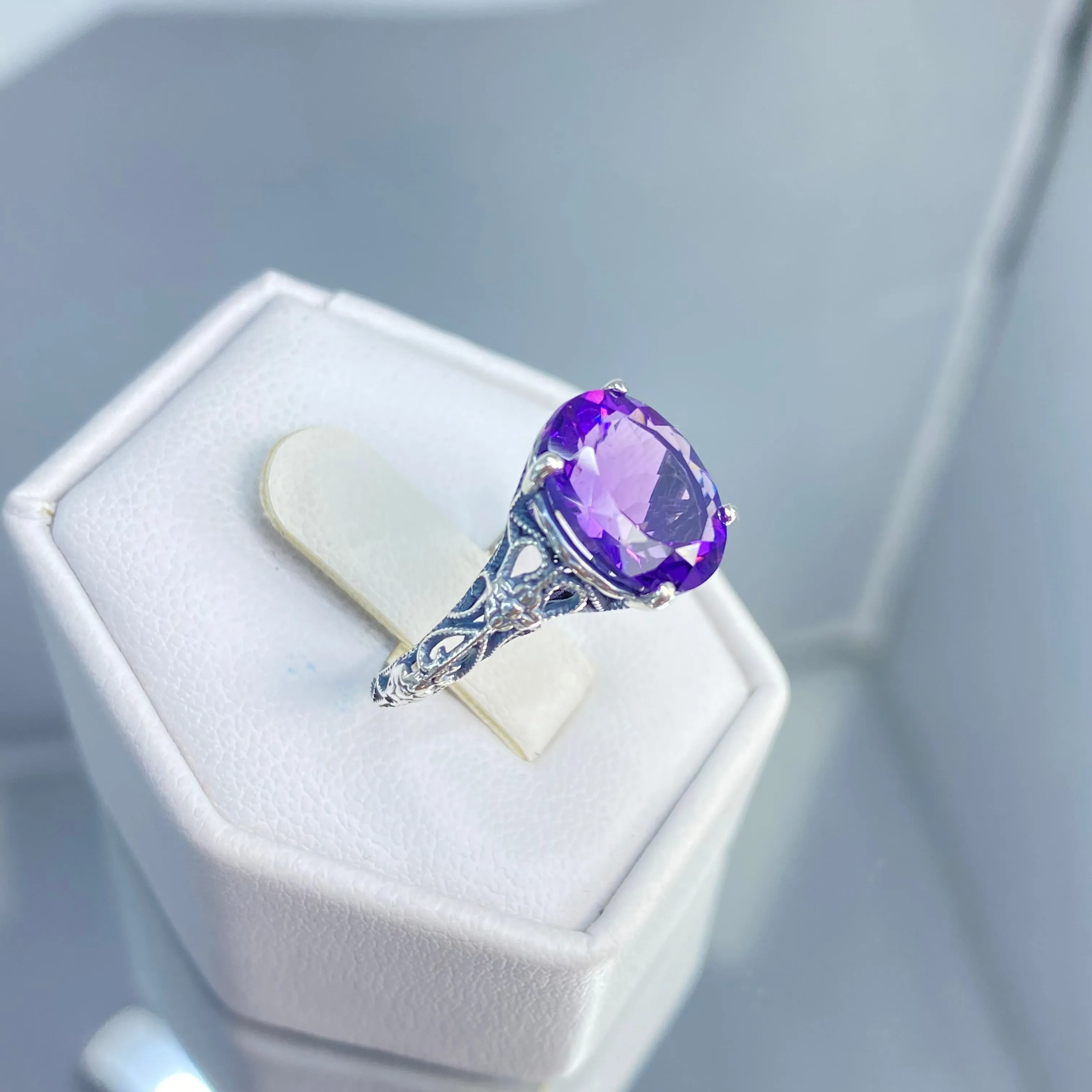 Natural Amethyst Ring, Medieval Floral Filigree, Oval Gem, Vintage Jewelry, D173