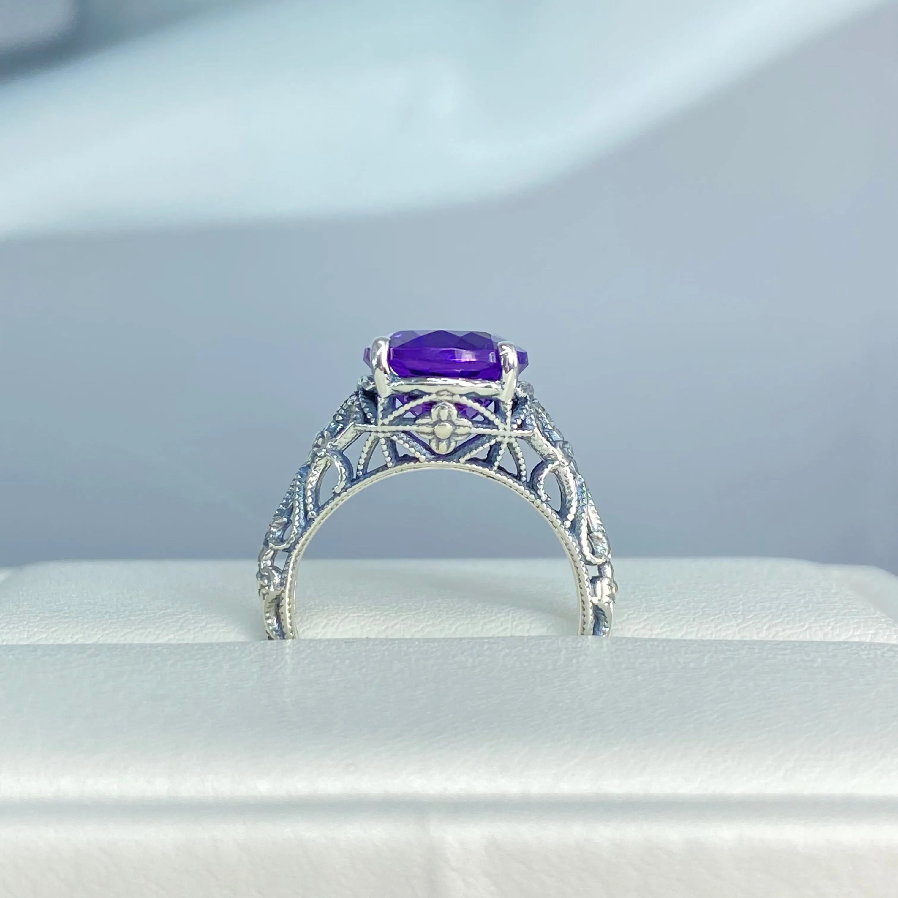Natural Amethyst Ring, Medieval Floral Filigree, Oval Gem, Vintage Jewelry, D173