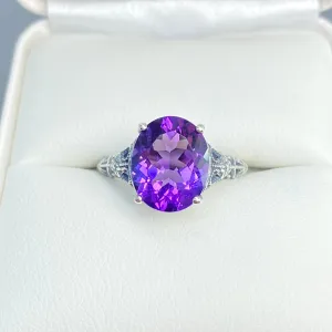Natural Amethyst Ring, Medieval Floral Filigree, Oval Gem, Vintage Jewelry, D173