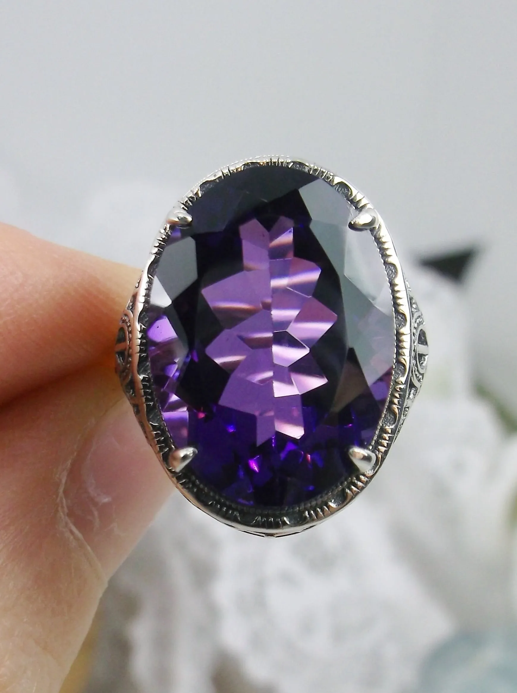 Natural Amethyst Ring, Persian Design, Art Deco Vintage Revival Jewelry #D230