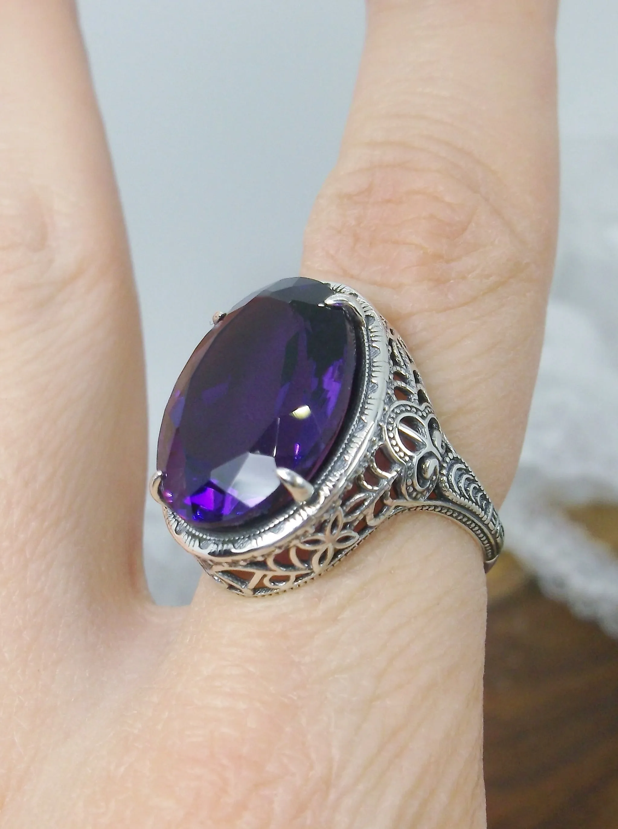 Natural Amethyst Ring, Persian Design, Art Deco Vintage Revival Jewelry #D230