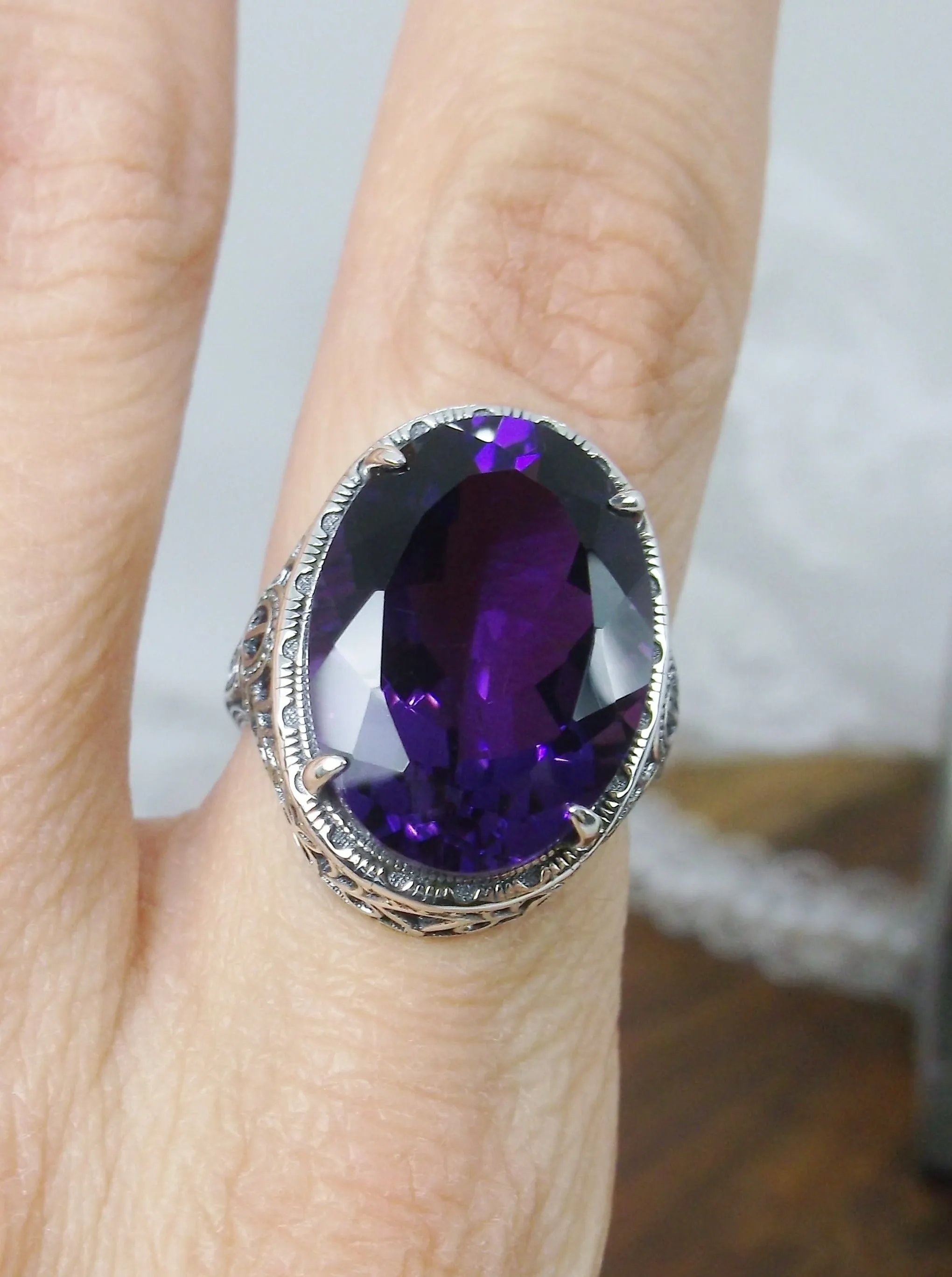 Natural Amethyst Ring, Persian Design, Art Deco Vintage Revival Jewelry #D230