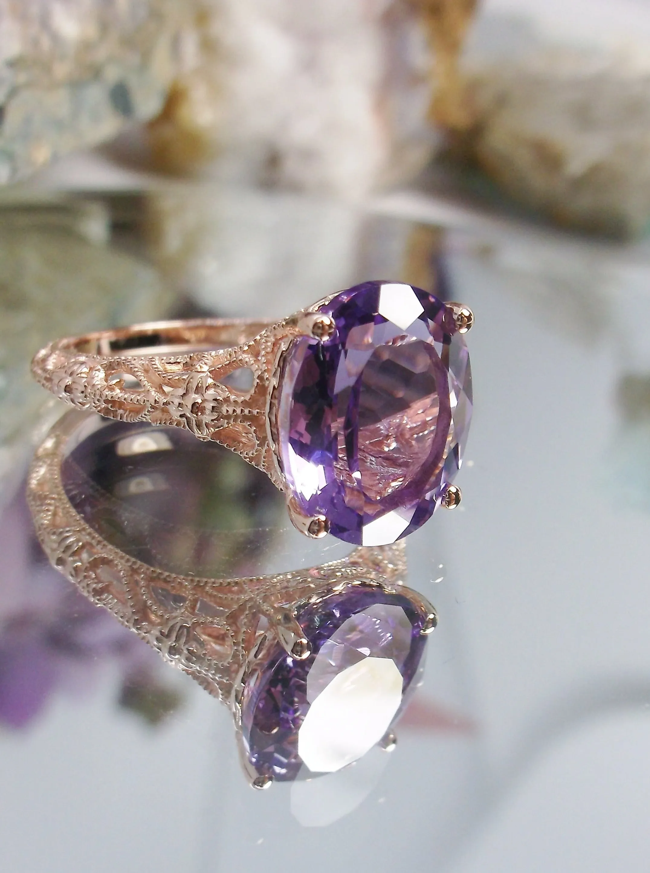 Natural Amethyst Ring, Rose Gold plated Medieval Floral Filigree, Oval Gem, Vintage Jewelry, D173