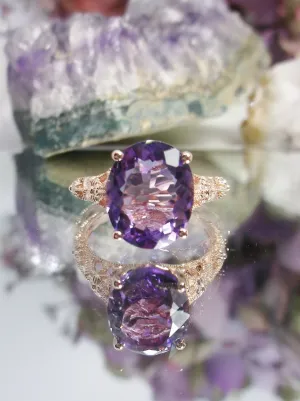 Natural Amethyst Ring, Rose Gold plated Medieval Floral Filigree, Oval Gem, Vintage Jewelry, D173