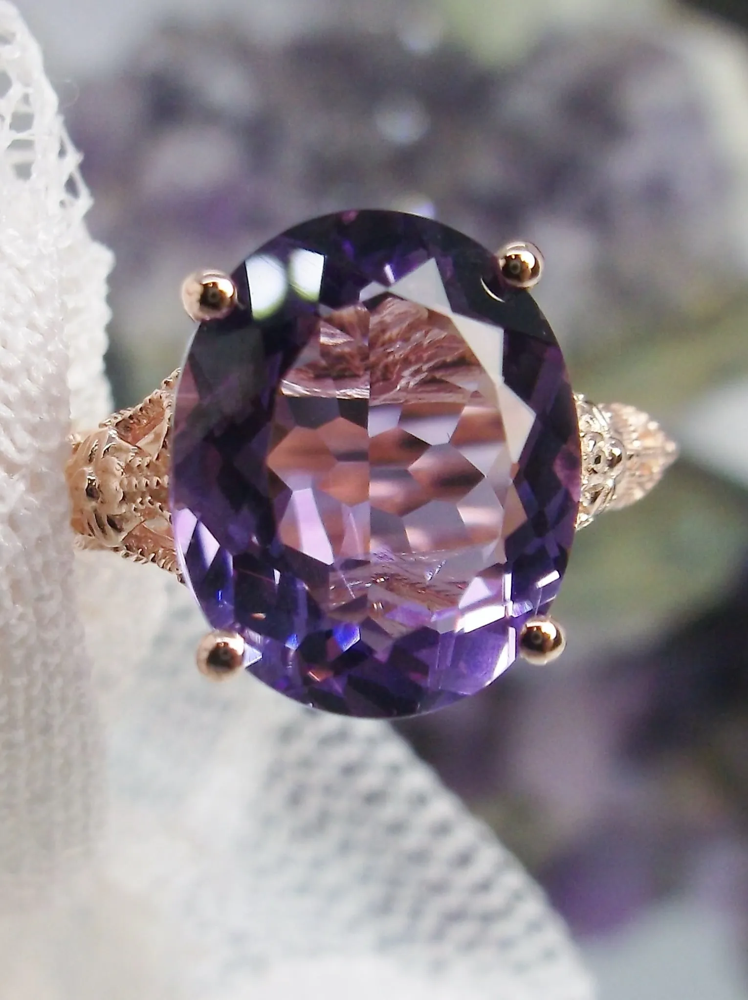 Natural Amethyst Ring, Rose Gold plated Medieval Floral Filigree, Oval Gem, Vintage Jewelry, D173