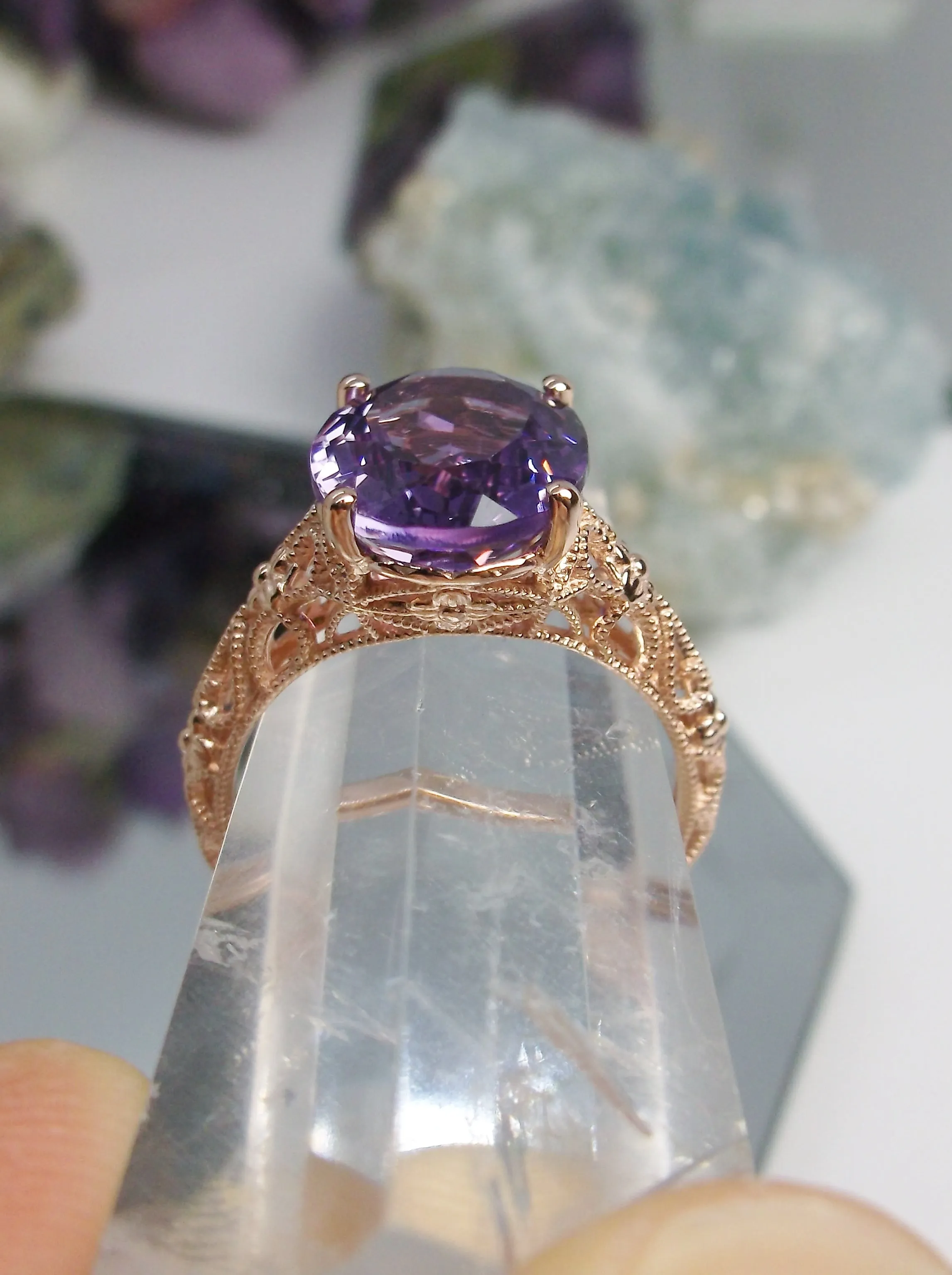 Natural Amethyst Ring, Rose Gold plated Medieval Floral Filigree, Oval Gem, Vintage Jewelry, D173