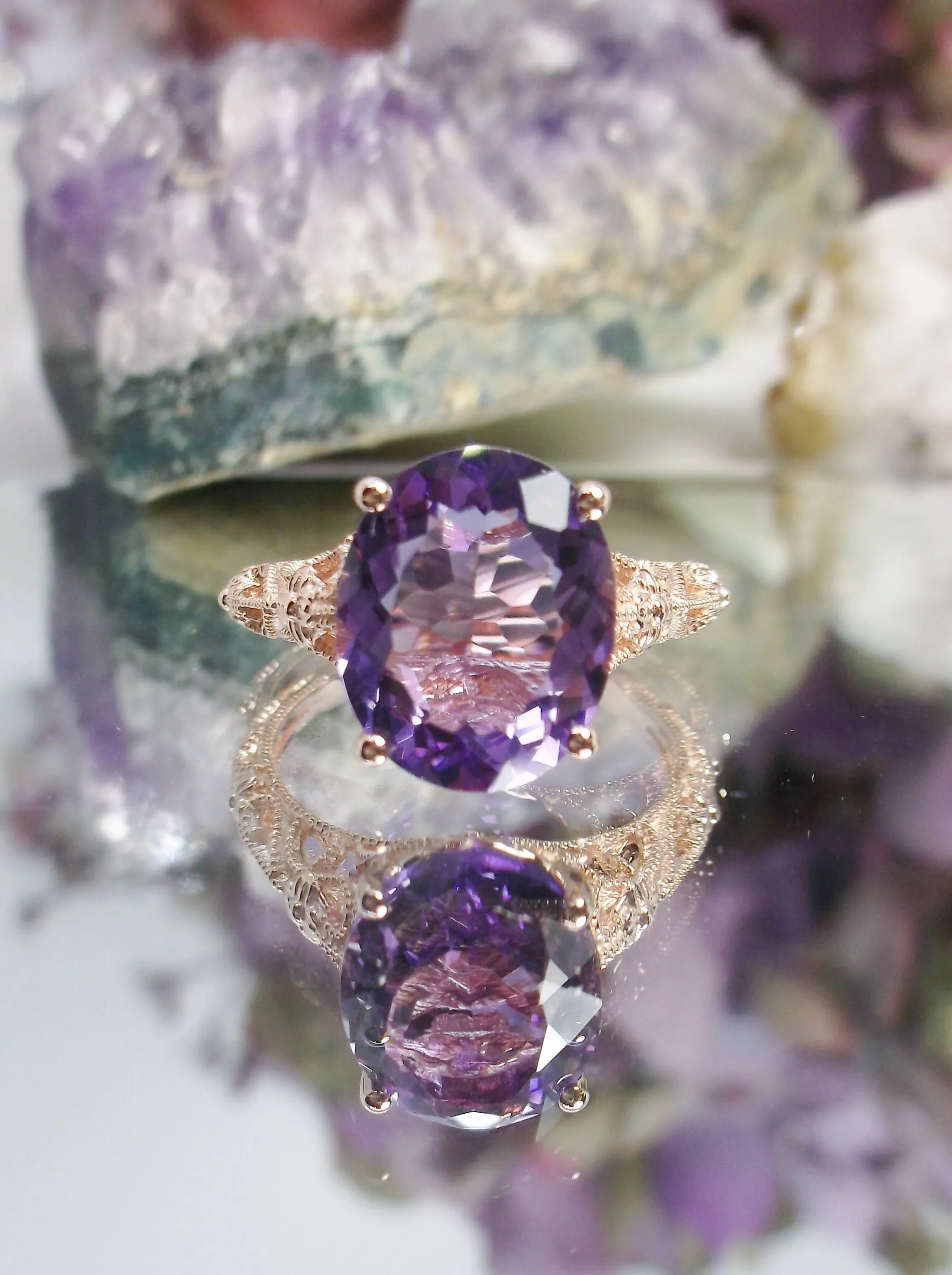 Natural Amethyst Ring, Rose Gold plated Medieval Floral Filigree, Oval Gem, Vintage Jewelry, D173