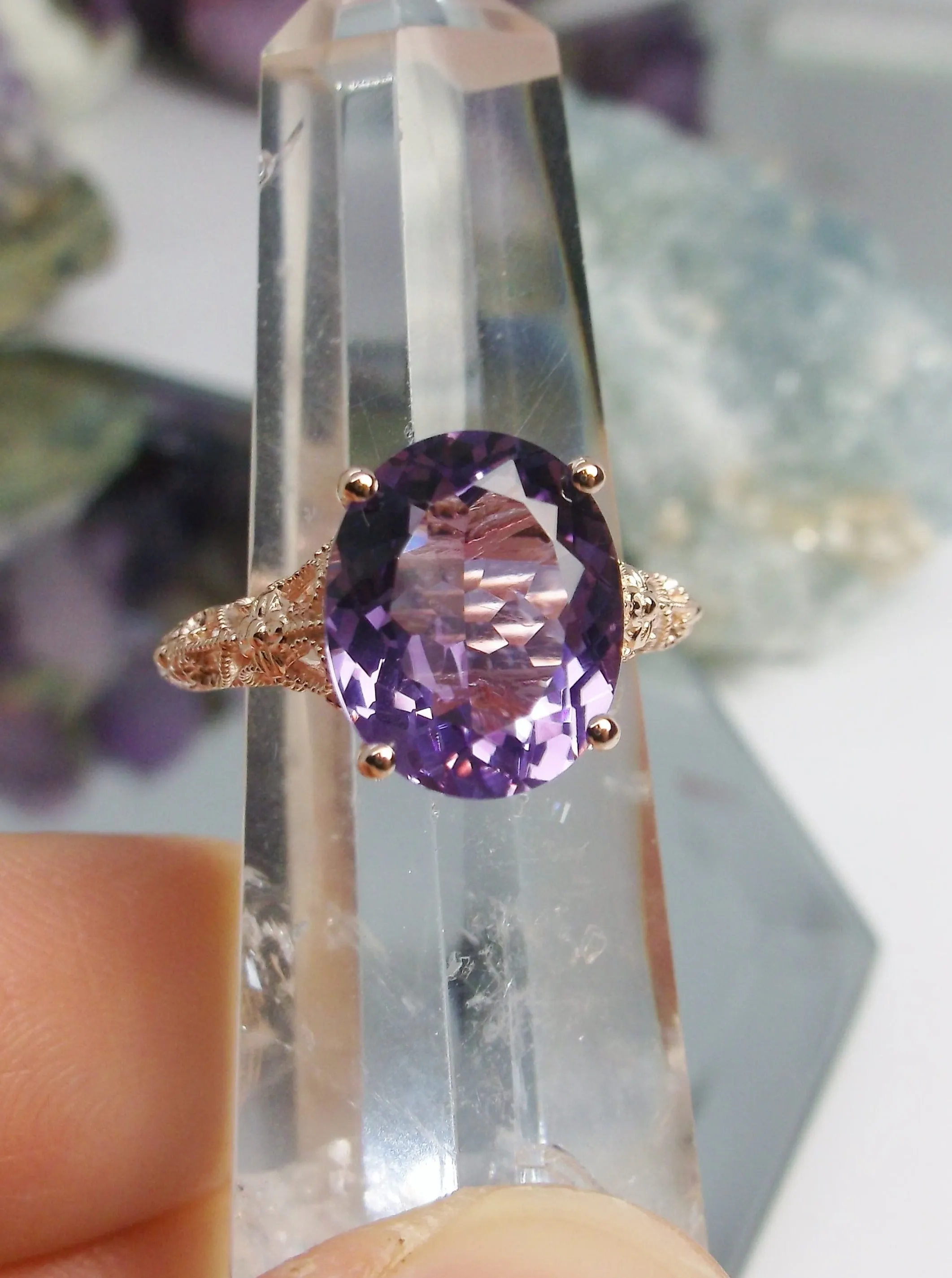Natural Amethyst Ring, Rose Gold plated Medieval Floral Filigree, Oval Gem, Vintage Jewelry, D173