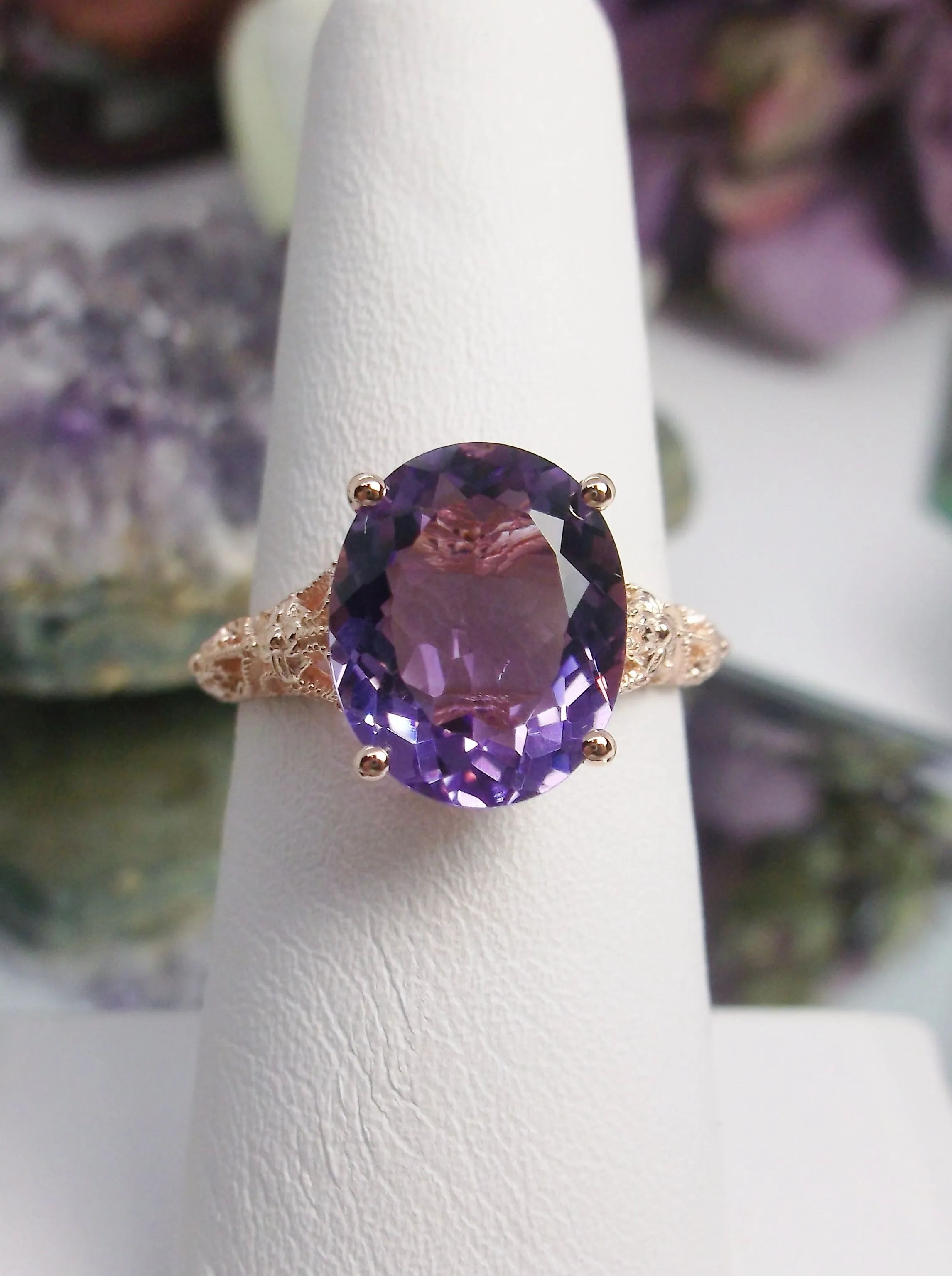 Natural Amethyst Ring, Rose Gold plated Medieval Floral Filigree, Oval Gem, Vintage Jewelry, D173