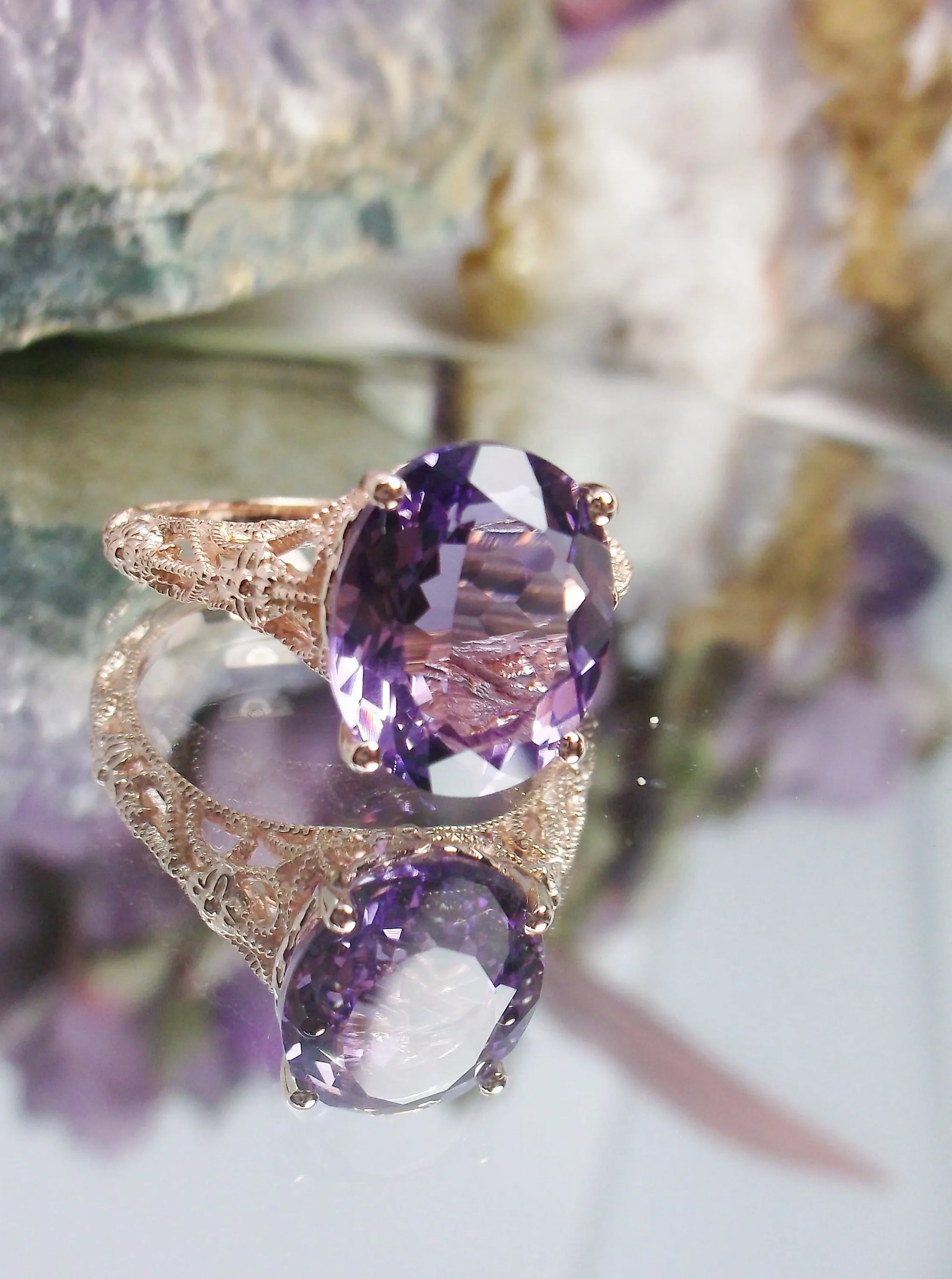 Natural Amethyst Ring, Rose Gold plated Medieval Floral Filigree, Oval Gem, Vintage Jewelry, D173