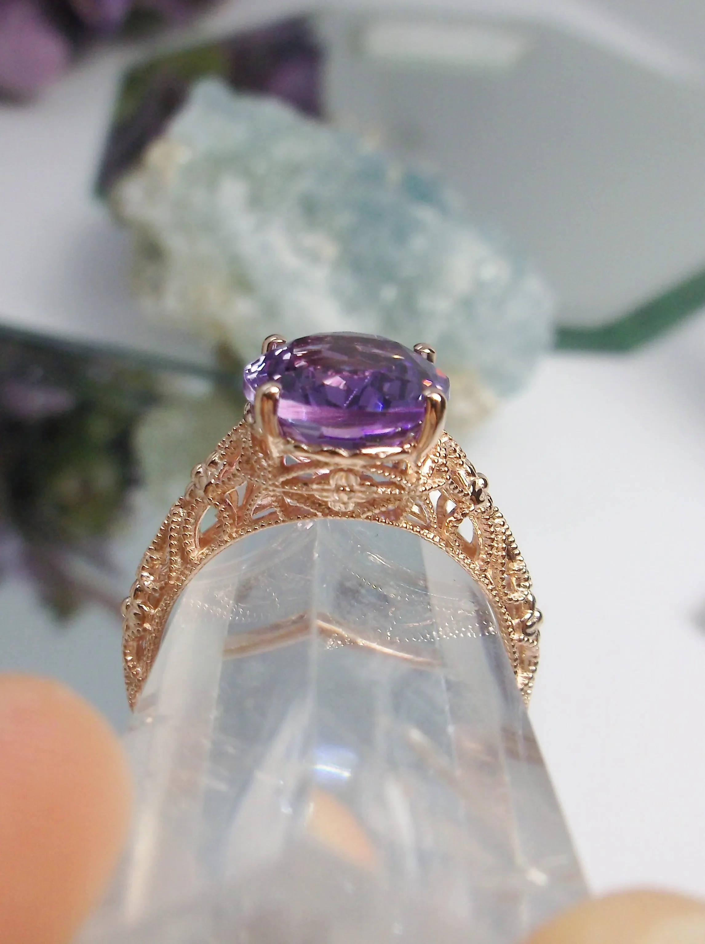 Natural Amethyst Ring, Rose Gold plated Medieval Floral Filigree, Oval Gem, Vintage Jewelry, D173