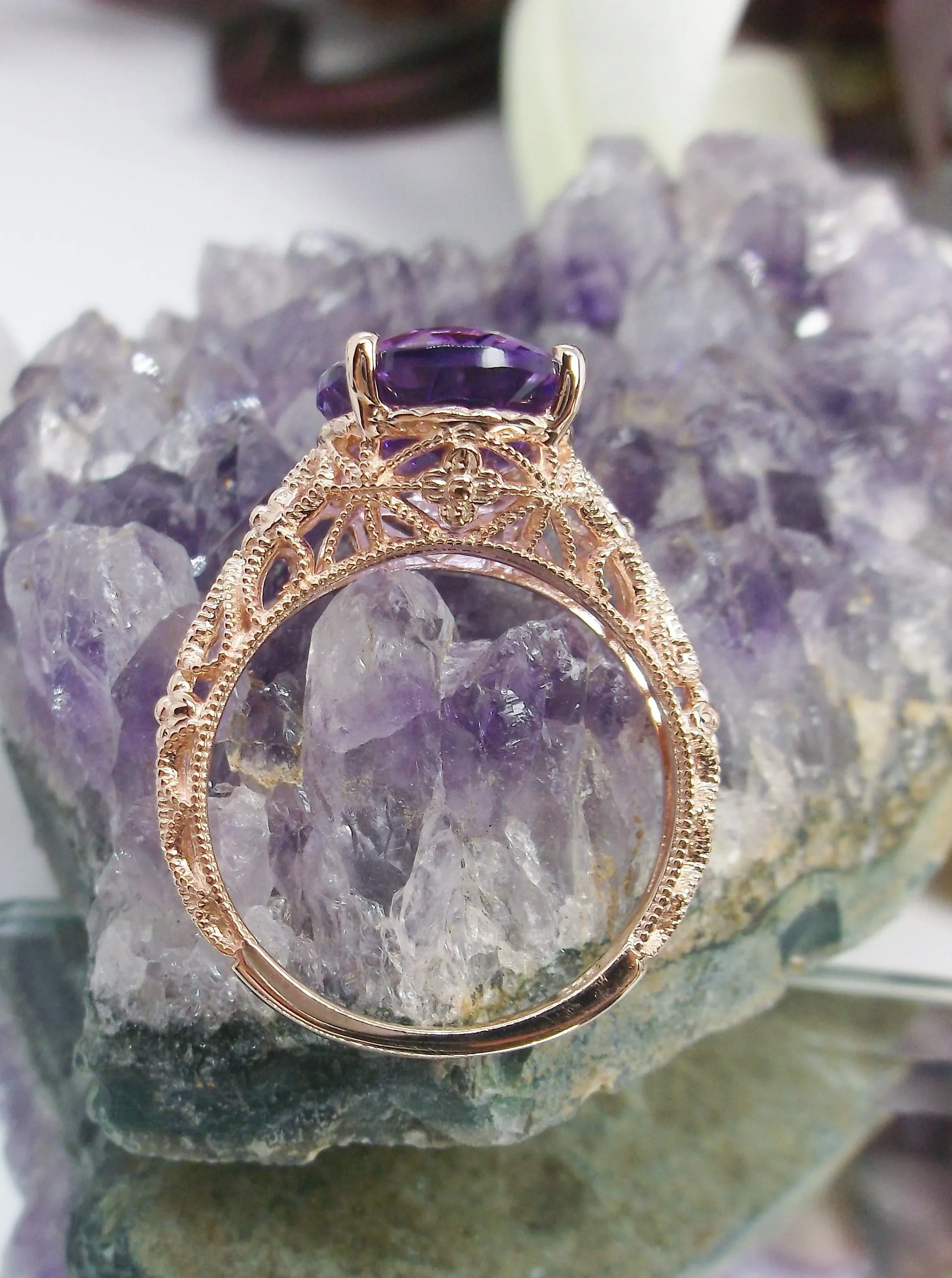 Natural Amethyst Ring, Rose Gold plated Medieval Floral Filigree, Oval Gem, Vintage Jewelry, D173