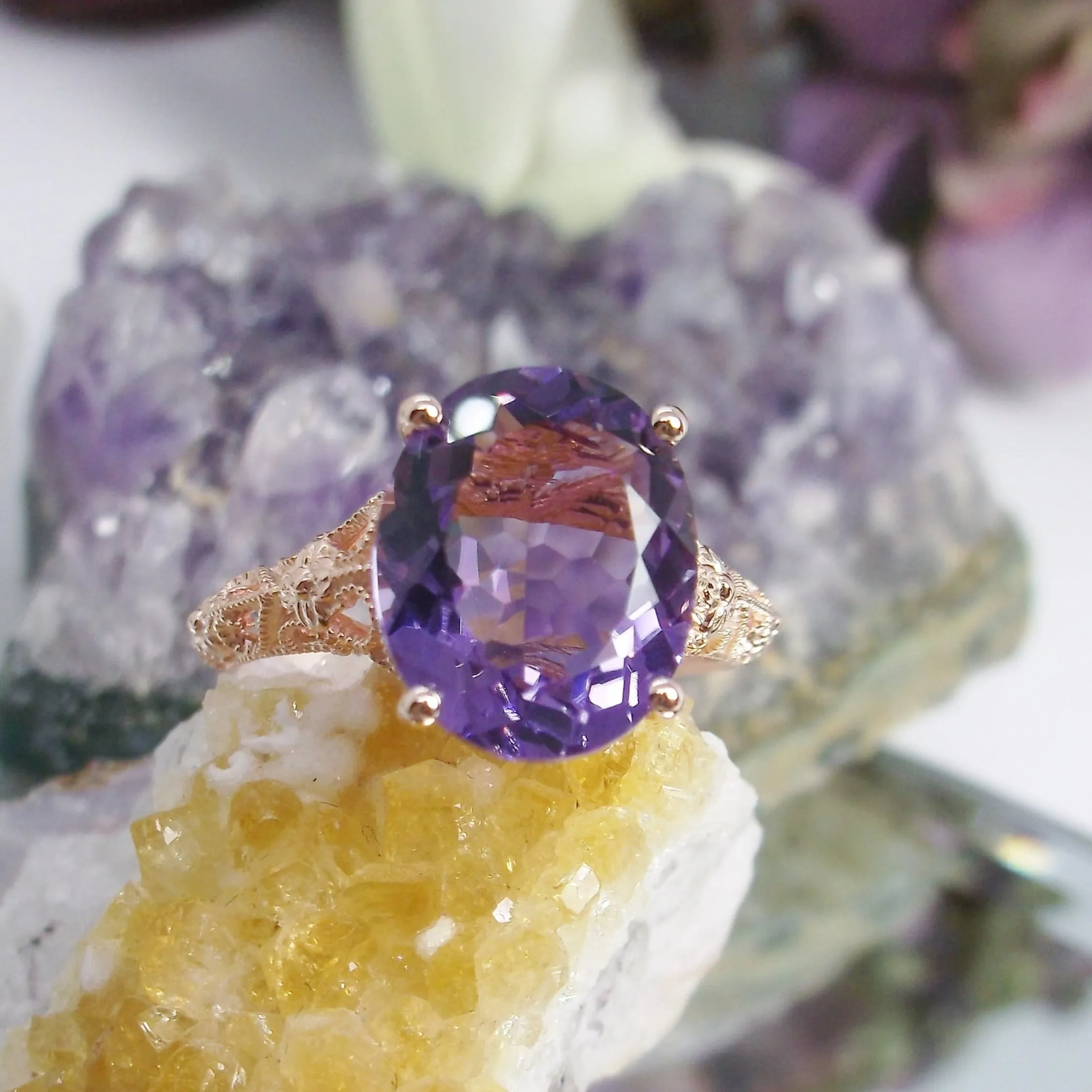 Natural Amethyst Ring, Rose Gold plated Medieval Floral Filigree, Oval Gem, Vintage Jewelry, D173