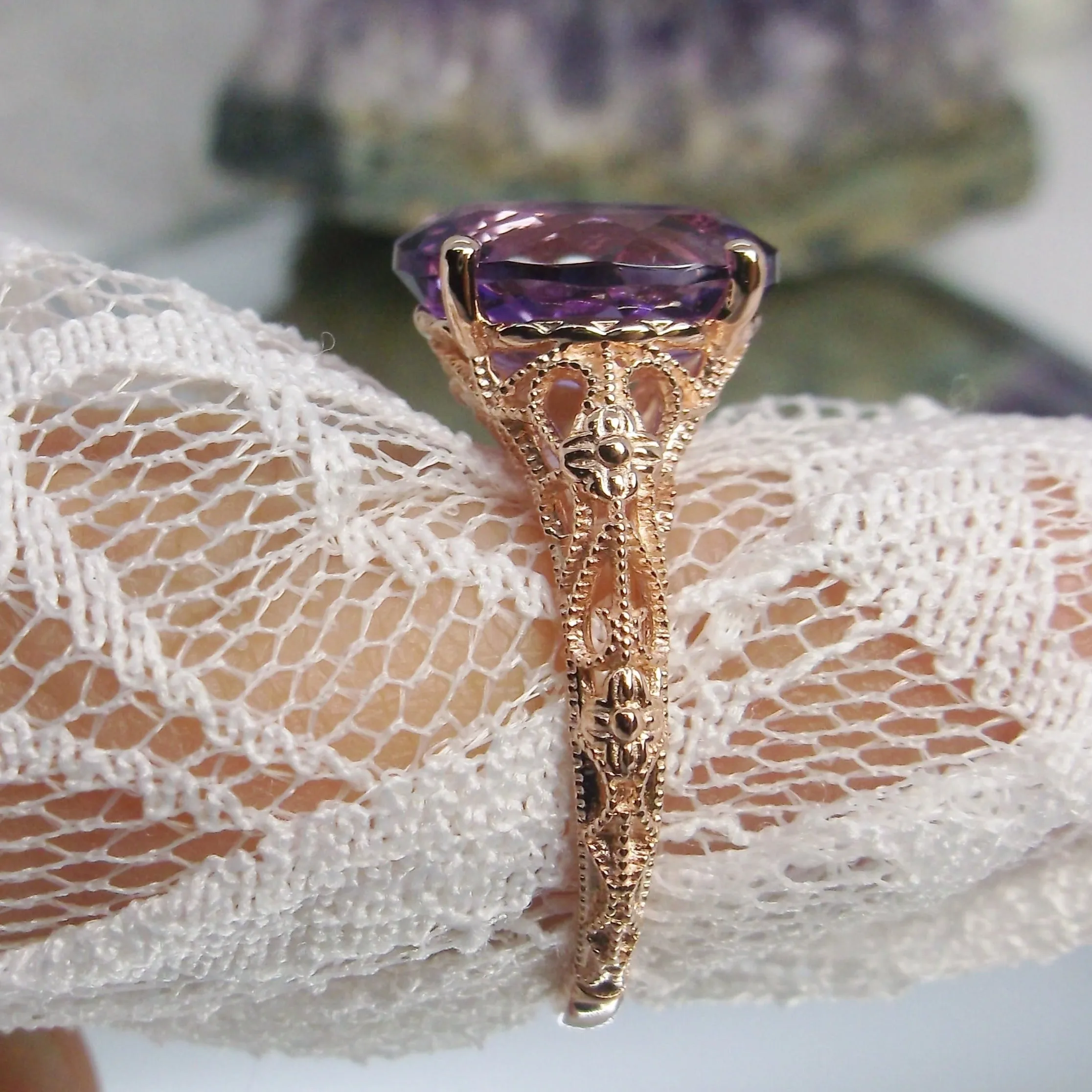 Natural Amethyst Ring, Rose Gold plated Medieval Floral Filigree, Oval Gem, Vintage Jewelry, D173