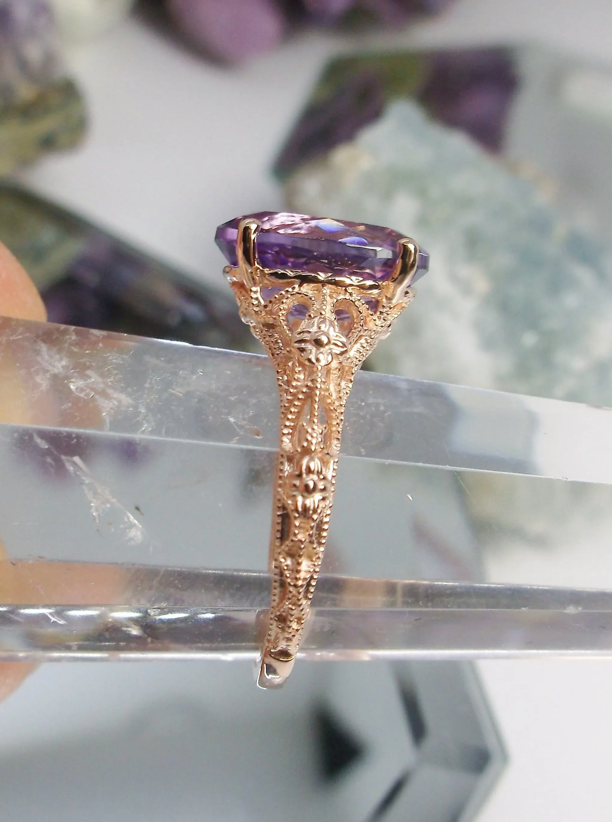 Natural Amethyst Ring, Rose Gold plated Medieval Floral Filigree, Oval Gem, Vintage Jewelry, D173